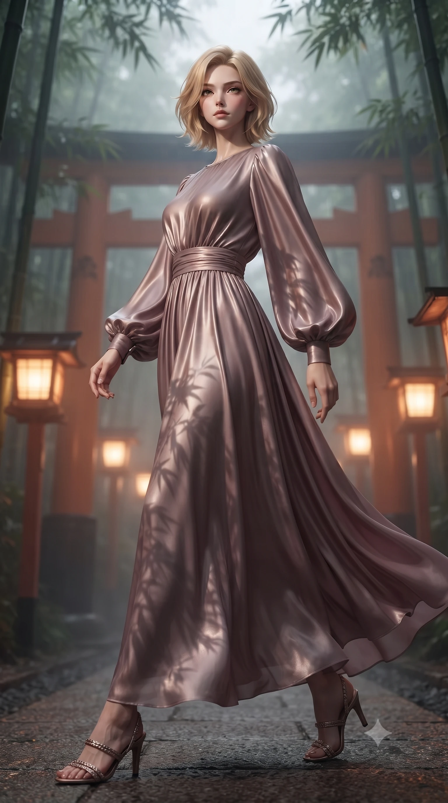 score_9, masterpiece, best quality, ultra-detailed, high-budget anime keyframe, editorial fashion photography, tasteful artistic composition, Caucasian woman woman. low angle full-body shot from head to toe showing her feet, filling the entire 9:16 vertical frame with her statuesque presence, stretching her vertical silhouette. She has an absolutely perfect, statuesque 8.5-heads proportion, an exceptionally tall and slender model-like female figure with impossibly long slender legs and an ultra-slim waist. stepping gracefully forward in a proud statuesque stride, her body turning in a fluid S-curve silhouette, flawlessly proportioned anatomical accuracy, natural body alignment, perfectly sculpted elegant limbs, clean dynamic posture without body distortion. set against a soft-focus background of a misty bamboo torii shrine path with glowing paper lanterns. wearing a serene dusty mauve chiffon maxi dress with long bishop sleeves. bathed in warm amber lantern light casting soft organic bamboo leaf stencil shadows. ultra-reflective glossy finish, specular highlights, metallic sheen, high-contrast stereoscopic depth, volumetric dynamic lighting, 2k, ultra detail, master piece, 9:16 ratio