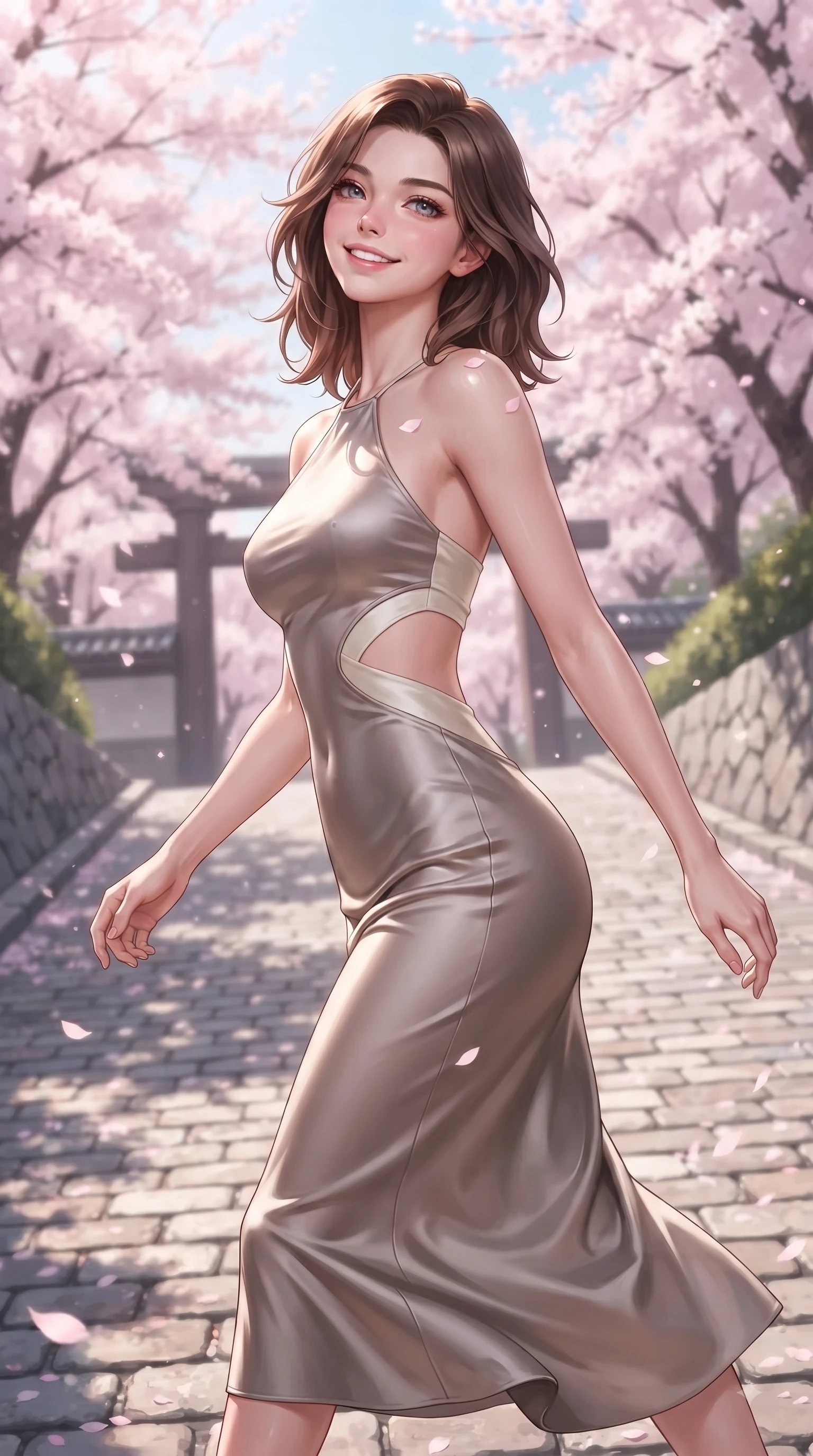 score_9, masterpiece, best quality, ultra-detailed, high-budget anime keyframe, editorial fashion photography, tasteful artistic composition, Korean woman. close-up cowboy shot from the waist and thighs up, the character dominates the composition, filling the frame with her large presence, background elements kept in soft focus. Tilting her chin up with a sweet beaming smile of pure delight while balancing dynamically amidst the scene while walking up a sunlit hill path lined with blooming cherry trees toward a traditional academy gate, floating sakura petals scattering across the cobblestone path and her shoulder. She has an exceptionally elegant, slender, and willowy female figure with an ultra-slim waist, a gracefully sculpted slender torso, and a refined silhouette. sharp v-shaped jawline, high-bridge nose, intricate jewel-like eyes with depth, thick eyelashes, glossy lips with a natural sheen, flawlessly proportioned anatomical accuracy, natural body alignment, perfectly sculpted elegant limbs, clean dynamic posture without body distortion. wearing a velvet halter-neck midi dress following her form like a glove in muted taupe and soft ivory, crafted from lustrous satin jersey with fluid draping, featuring clean architectural cutouts along her slender torso, the glove-like fit emphasizing her statuesque silhouette during motion. illuminated by soft glowing pink ambient light and clear sky refractions. ultra-reflective glossy finish, specular highlights, metallic sheen, high-contrast stereoscopic depth, volumetric dynamic lighting, 2k, ultra detail, master piece, 9:16 ratio