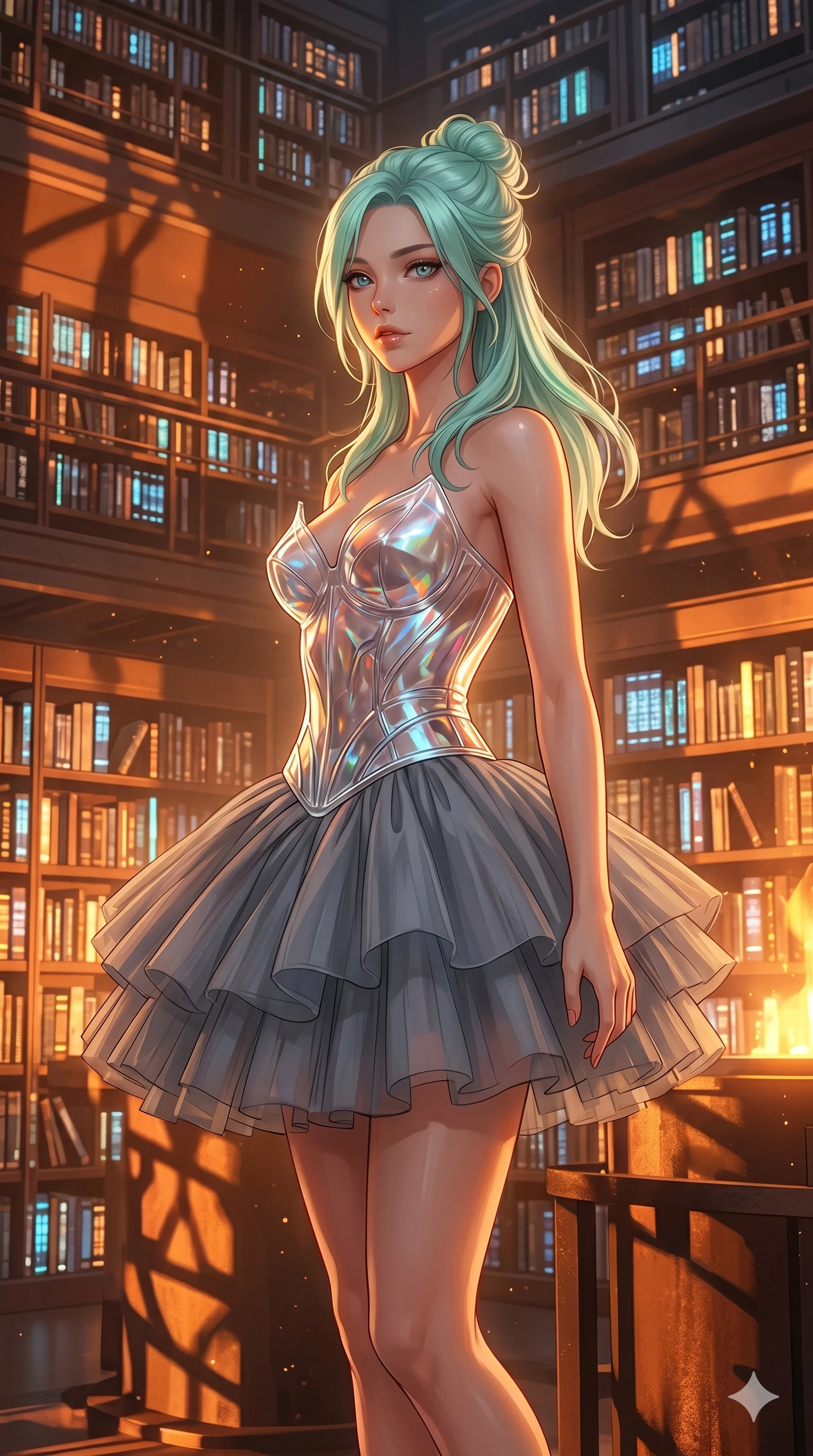 score_9, masterpiece, best quality, ultra-detailed, high-budget anime keyframe, editorial fashion photography, tasteful artistic composition, Japanese woman. cowboy shot from the thighs up, character and outfit filling the frame for maximum editorial presence. Turning her head slowly toward the camera, her hair brushing against her shoulders in motion inside a futuristic library where books have glowing digital spine displays. She has an absolutely perfect 8-heads proportion, an exceptionally tall and slender female figure with impossibly long slender legs and an ultra-slim waist. V-shaped jawline, high-bridge nose, intricate jewel-like eyes with depth, thick eyelashes, glossy lips with a natural sheen. wearing a sculpted transparent polymer glass bustier paired with a multi-layered slate gray tulle mini skirt. bathed in the warm, flickering orange light of an alchemical forge, casting long moving shadows. 2k, ultra detail, master piece, 9:16 ratio