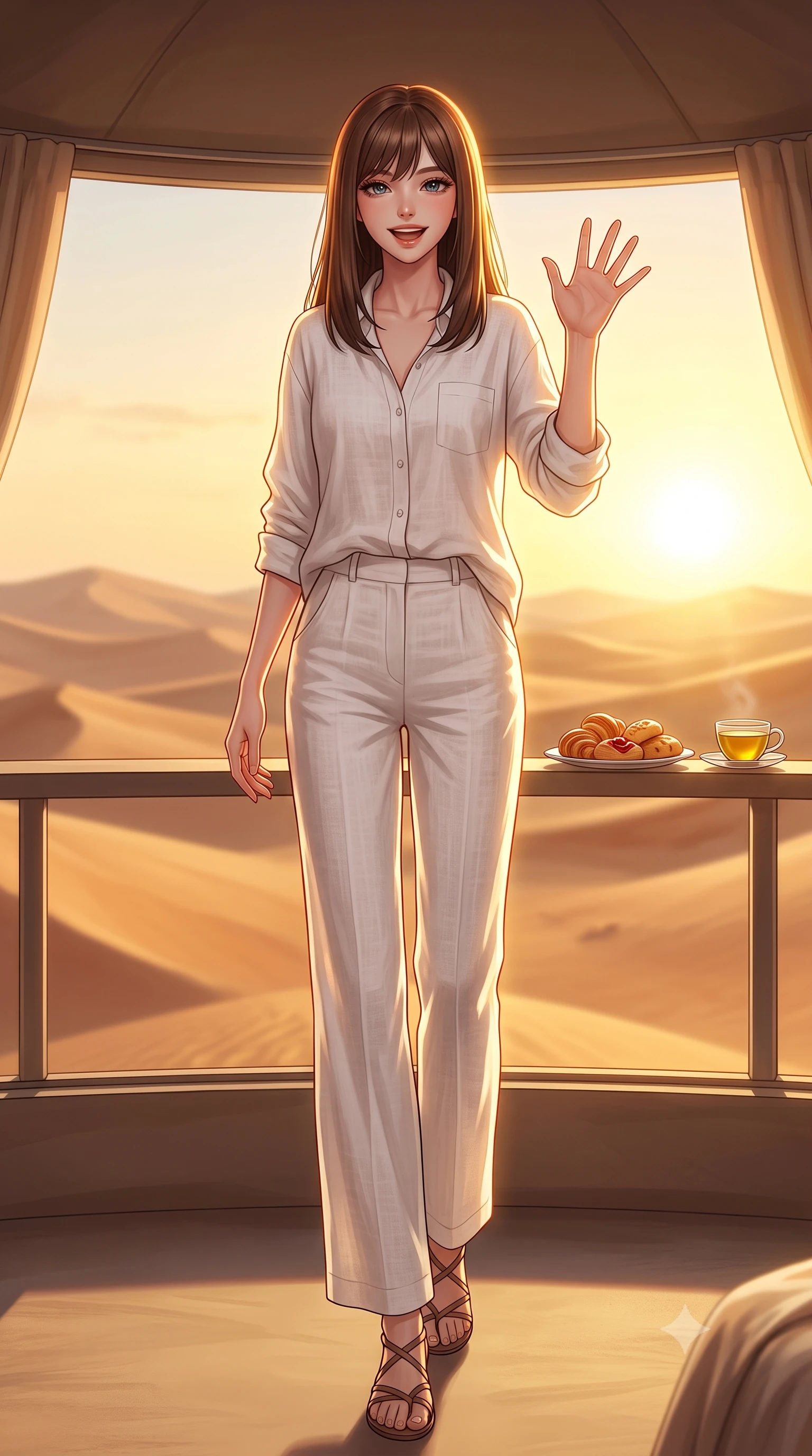 score_9, masterpiece, best quality, ultra-detailed, high-budget anime keyframe, editorial fashion photography, tasteful artistic composition, Korean woman. low angle full-body shot from head to toe showing her feet, filling the entire 9:16 vertical frame with her statuesque presence, stretching her vertical silhouette. stepping forward with a bright, cheerful smile, waving happily at the viewer set against a soft-focus background of inside a luxury dome resort room with a large panoramic window showing sand dunes with a plate of fresh pastries and a cup of herbal tea on the balcony railing. She has an absolutely perfect, statuesque 8.5-heads proportion, an exceptionally tall and slender model-like female figure with impossibly long slender legs and an ultra-slim waist. sharp v-shaped jawline, high-bridge nose, intricate jewel-like eyes with depth, thick eyelashes, glossy lips with a natural sheen. wearing slim-fit casual resort wear linen shirt in white, paired with wide-leg linen pants. bright golden hour sunset tracing her silhouette with a warm glowing rim light. highly saturated vibrant anime colors, detailed shading with soft gradients, rich glossy textures, high-contrast stereoscopic depth, volumetric dynamic lighting, master piece, 9:16 ratio