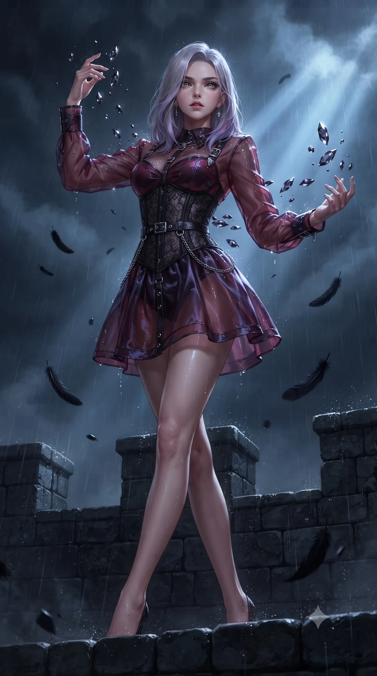 score_9, masterpiece, best quality, ultra-detailed, high-budget anime keyframe, editorial fashion photography, tasteful artistic composition, Caucasian woman. low angle full-body shot from head to toe showing her feet, filling the entire 9:16 vertical frame with her statuesque presence, stretching her vertical silhouette. interacting with floating dark crystal particles, her long slender legs poised in motion, poised on an ancient dark stone parapet as black raven feathers drift around her, rain glistening on dark stone parapets and her sleek outfit. She has an absolutely perfect, statuesque 8.5-heads proportion, an exceptionally tall and slender model-like female figure with impossibly long slender legs and an ultra-slim waist. sharp v-shaped jawline, high-bridge nose, intricate jewel-like eyes with depth, thick eyelashes, glossy lips with a natural sheen. wearing translucent dark organza mini dress over structured black lace corset in deep crimson burgundy, made of iridescent dark violet taffeta, framed by dark titanium buckles and silver chain details, contouring every curve with an exceptionally elegant silhouette. lit by intense nocturnal key ray slicing through stormy midnight fog. ultra-reflective glossy finish, specular highlights, metallic sheen, high-contrast stereoscopic depth, volumetric dynamic lighting, 2k, ultra detail, master piece, 9:16 ratio