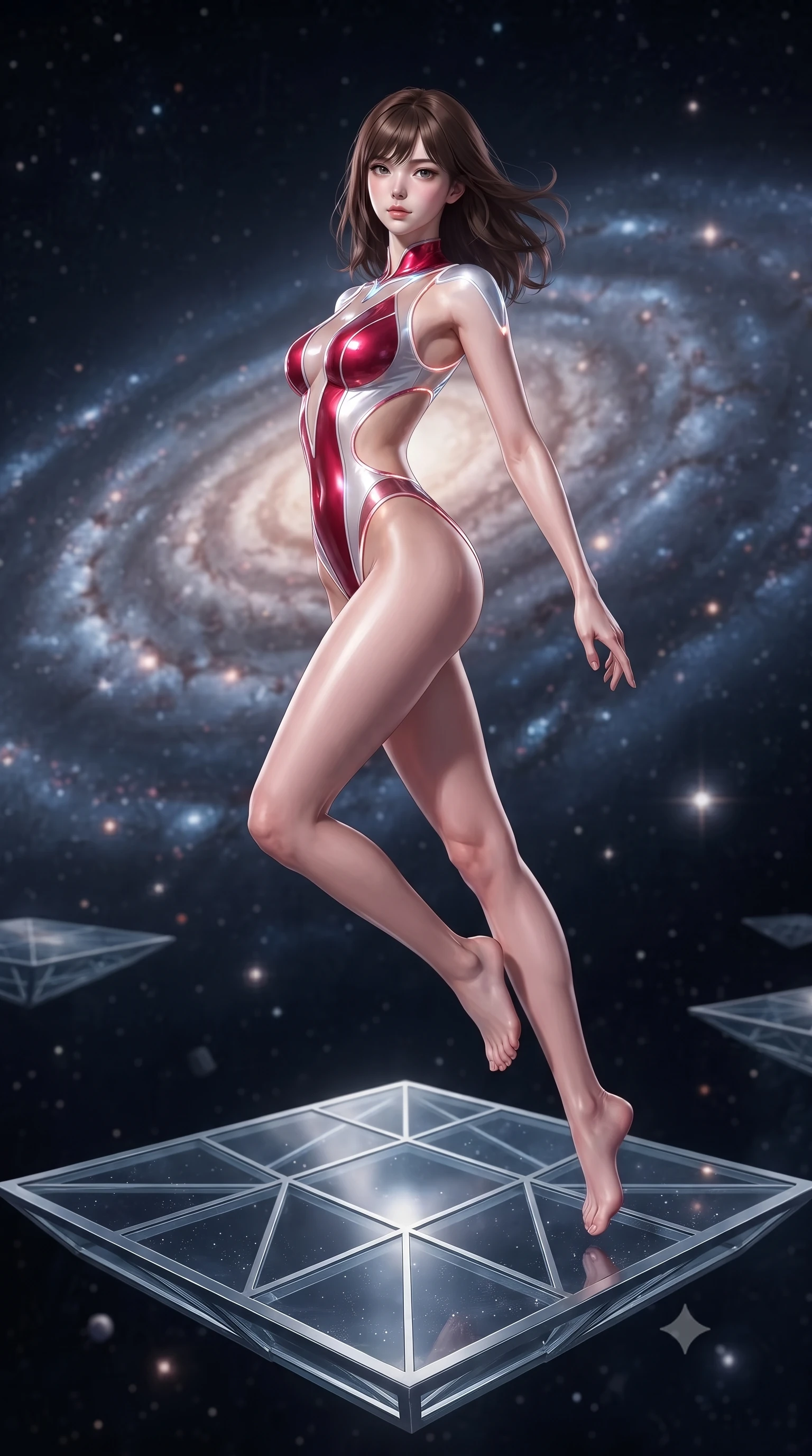 score_9, masterpiece, best quality, ultra-detailed, high-budget anime keyframe, editorial fashion photography, tasteful artistic composition, Korean woman. low angle full-body shot from head to toe showing her feet, filling the entire 9:16 vertical frame with her statuesque presence, stretching her vertical silhouette. leaping through mid-air with an athletic yet alluring arch of her spine, her impossibly long slender legs stretched in flawless poise while floating weightlessly on an open diamond-glass platform suspended in the vacuum of space amidst a swirling spiral galaxy. The composition keeps background elements in soft focus with creamy bokeh. diamond-glass platforms and orbiting star clusters softened in smooth cosmic atmospheric focus. She has an absolutely perfect, statuesque 8.5-heads proportion, an exceptionally tall and slender model-like female figure with impossibly long slender legs, a toned flat midriff, and an ultra-slim waist. sharp v-shaped jawline, high-bridge nose, intricate jewel-like eyes with depth, thick eyelashes, glossy lips with a natural sheen, flawlessly proportioned anatomical accuracy, strict slender model proportions, natural body alignment, perfectly sculpted long slender limbs, ultra-slim waistline, clean dynamic posture without body distortion. wearing a high-cut translucent vinyl leotard with front paneling, exposed side-rib cutouts, and an open back in radiant crimson silk and crisp snow white, made of liquid metal jersey that clings flawlessly to every contour of her build, accented with glowing fiber-optic seams tracing her collarbones and hip curves, the precision-cut daring openings accentuating her delicate midriff, graceful bare collarbones, and ultra-slim feminine waistline. surrounded by an awe-inspiring, divine, and radiantly sensual cosmic goddess aura. ultra-reflective glossy finish, specular highlights, metallic sheen, high-contrast stereoscopic depth, volumetric dynamic lighting, 2k, ultra detail, master piece, 9:16 ratio