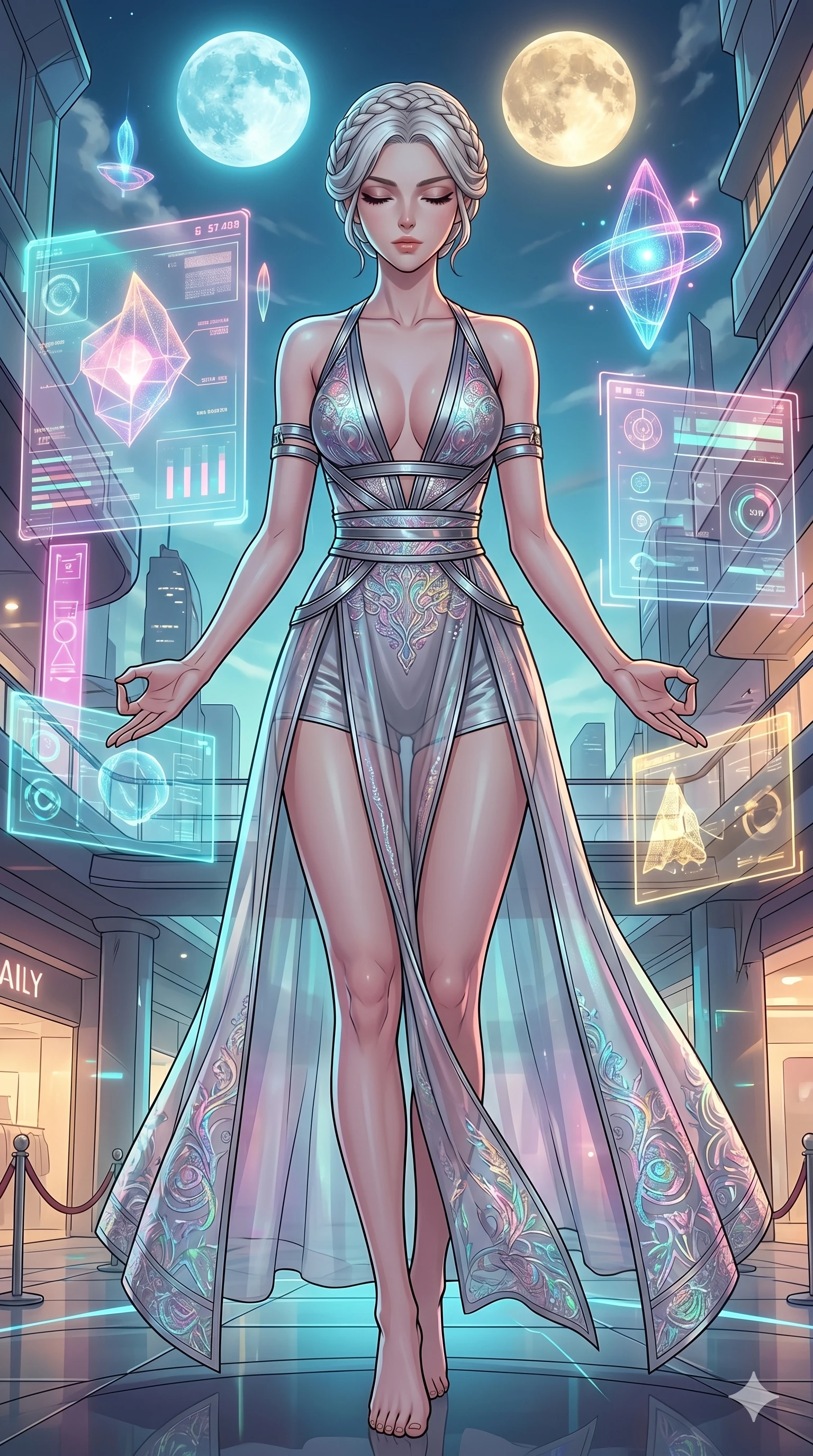 score_9, masterpiece, best quality, ultra-detailed, high-budget anime movie keyframe, cinematic anime lighting, intricate line art, Caucasian (strictly human ears) woman. Low angle cowboy shot filling the entire 9:16 frame with her statuesque presence. meditating peacefully in a holographic shopping mall under a twin-moon sky. She has an absolutely perfect 8-heads proportion, an exceptionally tall and slender female figure with an ultra-slim waist and impossibly long slender legs. sharp v-shaped jawline, high-bridge nose, intricate jewel-like eyes, thick eyelashes, glossy lips. Wearing modernized deep-plunging silk hanbok-fusion with metallic straps, a high-slit sheer skirt over micro-shorts, and holographic embroidered patterns. The scene is illuminated by dramatic atmospheric lighting and vibrant color palettes. , 2k, ultra detail, master piece, 9:16 ratio