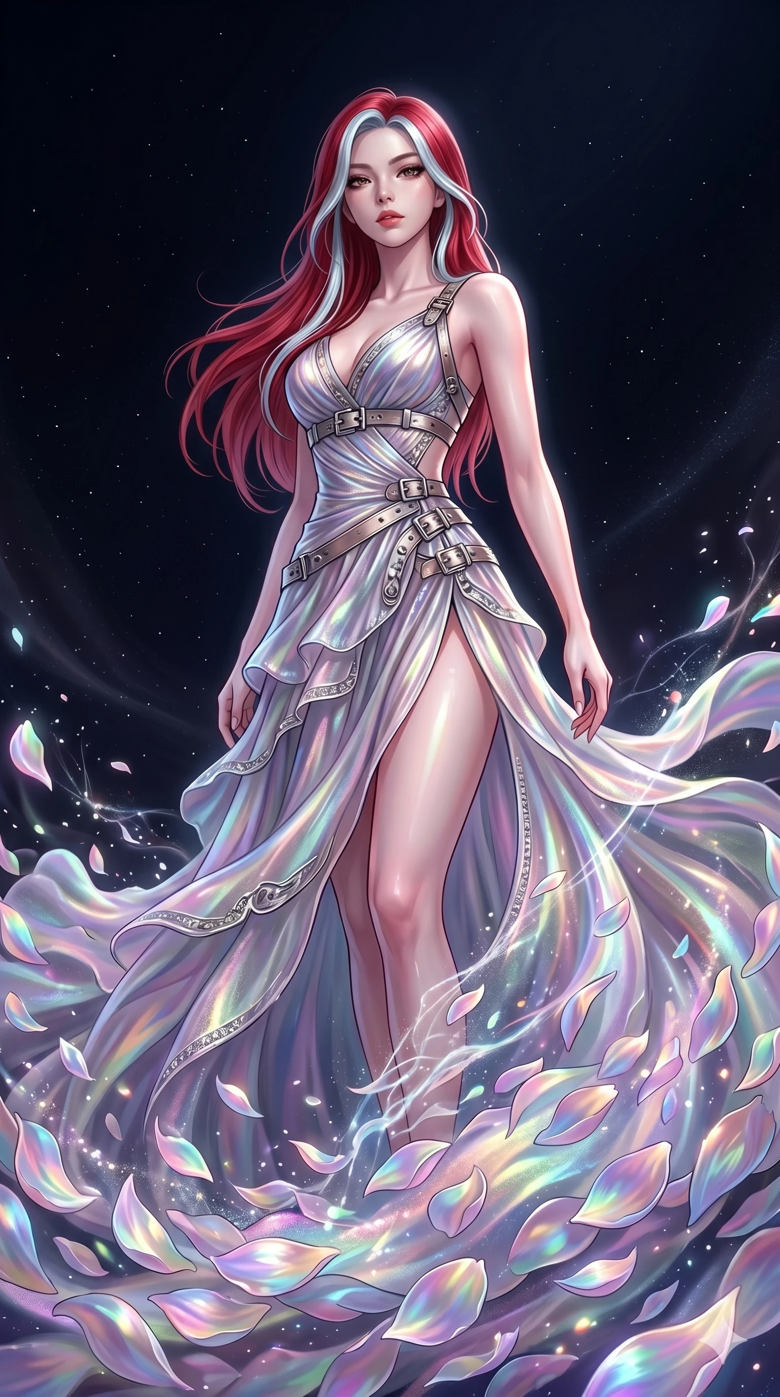 score_9, masterpiece, best quality, ultra-detailed, High-budget Anime Keyframe, East Asian woman. Low angle cowboy shot filling the entire 9:16 frame with her statuesque presence. Scenario 71: Dissolving into a cloud of iridescent silk petals in a void. Her presence is magnetic and overpowering in this high-budget anime scene. Outfit 71: A shimmering chiffon dangerous with a thigh-high slit and metallic buckles. The clothing is designed to emphasize her exceptionally tall and slender 8-heads proportion. 8-heads proportion, towering silhouette, ultra-slim waist. sharp v-shaped jawline, intricate jewel-like eyes with depth, thick eyelashes, glossy lips. 2k, ultra detail, master piece, 9:16 ratio