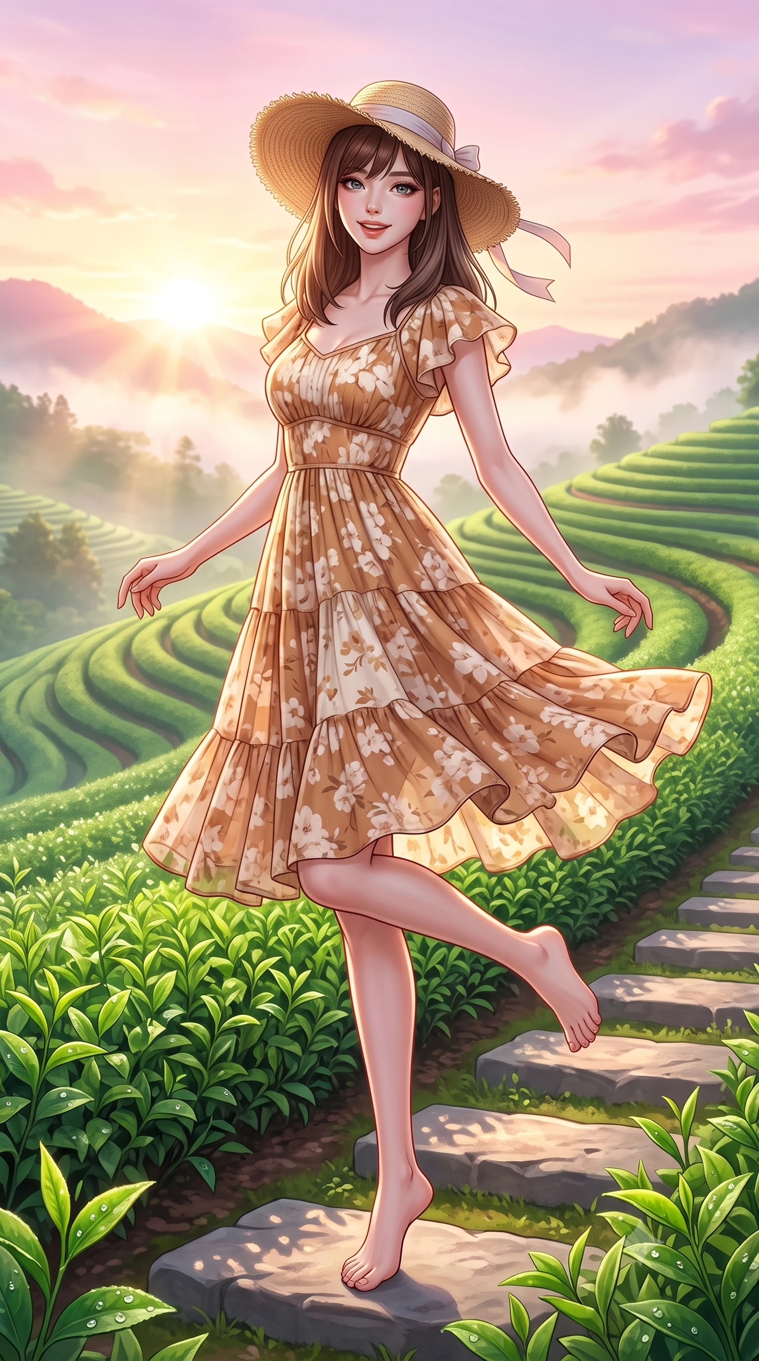 score_9, masterpiece, best quality, ultra-detailed, high-budget anime keyframe, semi-realistic 3D game render, editorial fashion photography, tasteful artistic composition, Korean woman. low angle full-body shot from head to toe showing her feet, filling the entire 9:16 vertical frame with her statuesque presence, stretching her vertical silhouette. standing poised on one leg with a playful hop and joyful expression, her long legs and slender figure highlighted against the landscape while pivoting dynamically on a stone garden step as the first rays of morning sun break over the emerald tea terraces. The surrounding environment is rendered in vivid detail and crisp panoramic clarity. glistening morning dewdrops on fresh tea leaves, neat curving terrace contours, and stone steps in sharp focus. She has an absolutely perfect, statuesque 8.5-heads proportion, an exceptionally tall and slender model-like female figure with impossibly long slender legs, a toned flat midriff, and an ultra-slim waist. sharp v-shaped jawline, high-bridge nose, intricate jewel-like eyes with depth, thick eyelashes, glossy lips with a natural sheen, pure and lovely fresh girlhood expression, flawlessly proportioned anatomical accuracy, strict slender model proportions, natural body alignment, perfectly sculpted long slender limbs, ultra-slim waistline, clean dynamic posture without body distortion. wearing a breezy tiered chiffon sundress with delicate floral print and short flutter sleeves in warm caramel and cream vanilla, knitted from ultra-soft cozy baby-cashmere yarn, paired with a wide-brim woven straw hat tied with a pastel ribbon, the soft airy drape swaying gracefully with her dynamic movements, emphasizing her tall willowy build and slim waistline. bathed in soft pastel pink and golden dawn sunrise light breaking through rolling morning mist. highly saturated vibrant anime colors, detailed shading with soft gradients, rich glossy textures, high-contrast stereoscopic depth, volumetric dynamic lighting, master piece, 9:16 ratio