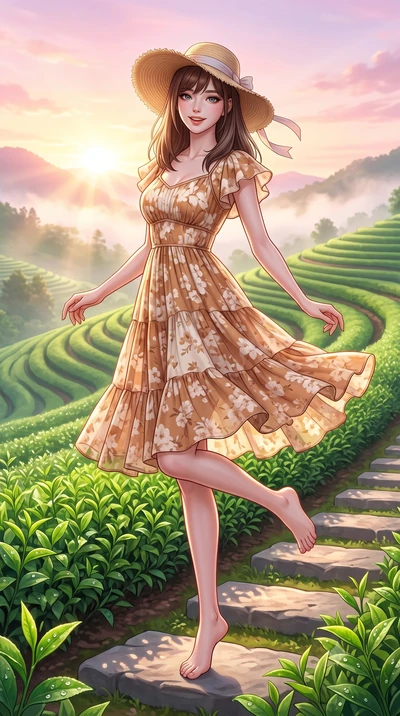 score_9, masterpiece, best quality, ultra-detailed, high-budget anime keyframe, semi-realistic 3D game render, editorial fashion photography, tasteful artistic composition, Korean woman. low angle full-body shot from head to toe showing her feet, fil