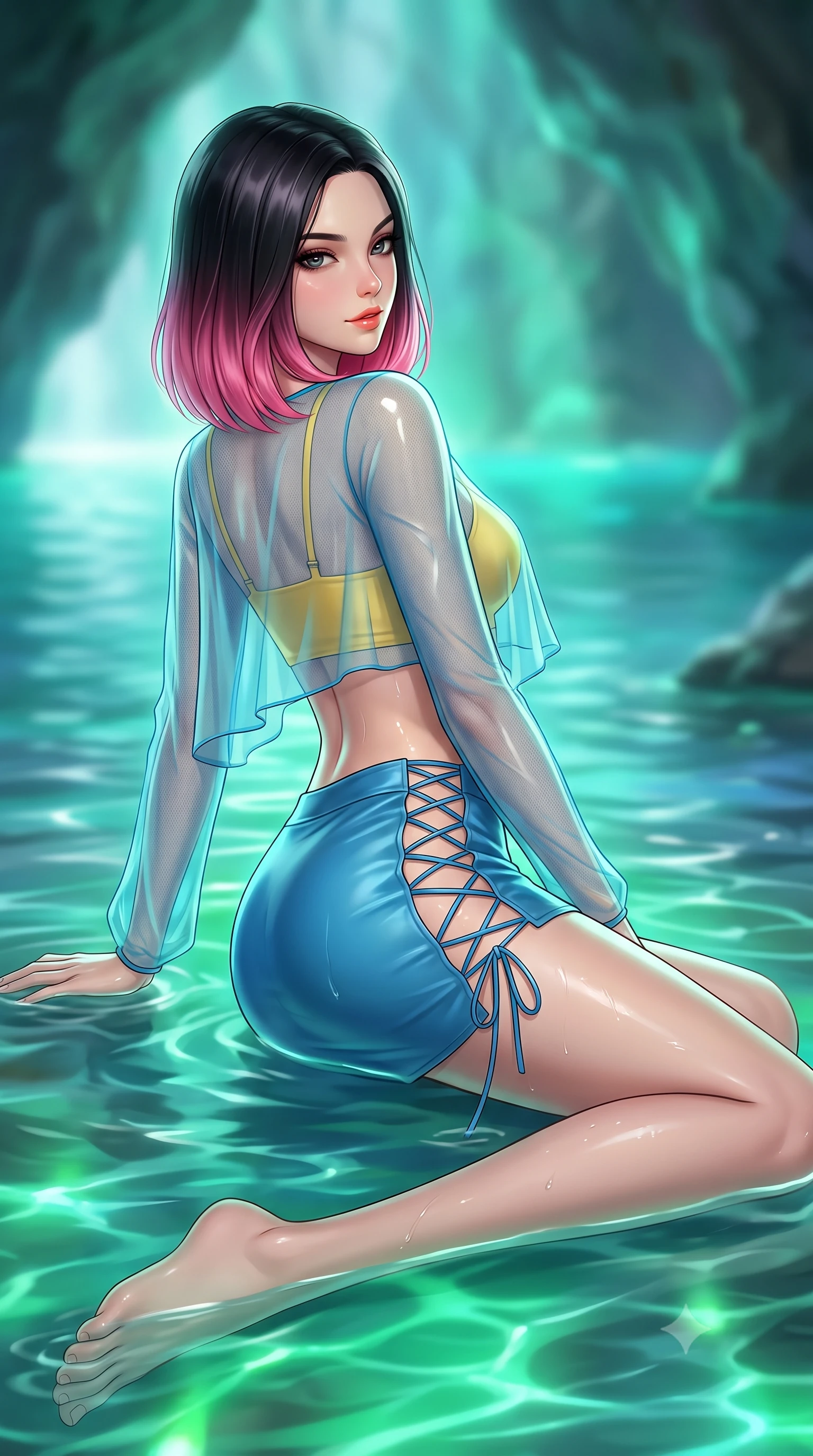 score_9, masterpiece, best quality, ultra-detailed, high-budget anime keyframe, semi-realistic 3D game render, editorial fashion photography, tasteful artistic composition, Korean woman. low angle full-body shot from head to toe showing her feet, filling the entire 9:16 vertical frame with her statuesque presence, stretching her vertical silhouette. walking along the terrace with poise, looking back over her bare shoulder with an irresistible smoldering bedroom-gaze while lounging in the shallow cave pool propped on one hand, her wet-look silhouette radiating mystical Mediterranean enchantment. The background shows a soft-focus gentle cave water ripples softened in mystical aquatic shallow focus. She has an absolutely perfect, statuesque 8.5-heads proportion, an exceptionally tall and slender model-like female figure with impossibly long slender legs, an ultra-slim waist, a flat toned midriff, narrow delicate ribcage, and beautifully sculpted feminine hips creating a graceful, slim hourglass silhouette without any bulky heaviness. sharp v-shaped jawline, high-bridge nose, sparkling eyes with hypnotic seductive depth, thick curled eyelashes, glossy parted lips with a natural dewy peach sheen, alluring bedroom-eyes with an enchanting coquettish smile, exuding magnetic siren charisma and sophisticated glamour, flawlessly proportioned anatomical accuracy, strict slender model proportions, natural body alignment, perfectly sculpted long slender limbs, ultra-slim waistline, clean dynamic posture without body distortion. wearing a sheer mesh long-sleeve crop top over an opaque strappy micro-bralette and a sleek leatherette mini skirt in Amalfi azure blue and sunlit lemon gold, made of sheer gossamer chiffon that drapes softly against skin with airy translucence, featuring fine criss-cross lace-up side ties revealing tantalizing glimpses of her hip curve, the liquid-tight tailored fabric clinging flawlessly to her narrow waist and rounded feminine hips, emphasizing every millimeter of her sculpted slim hourglass curves without any bulky heaviness. bathed in supernatural glowing emerald and aquamarine light radiating upward from bioluminescent cave waters. highly saturated vibrant anime colors, detailed shading with soft gradients, rich glossy textures, high-contrast stereoscopic depth, volumetric dynamic lighting, master piece, 9:16 ratio