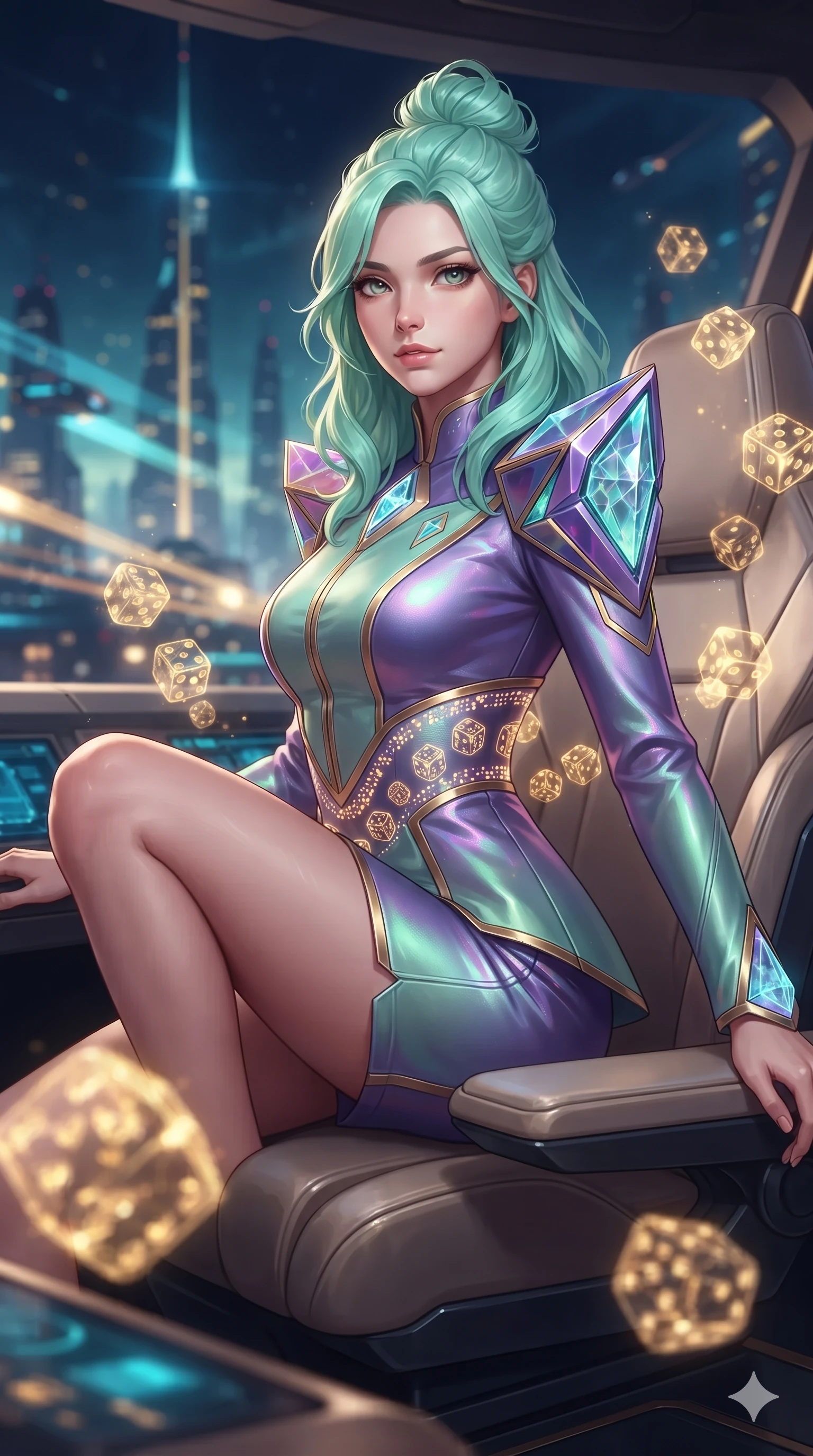 score_9, masterpiece, best quality, ultra-detailed, high-budget anime keyframe, editorial fashion photography, tasteful artistic composition, Japanese woman. close-up cowboy shot from the waist and thighs up, the character dominates the composition, filling the frame with her large presence. perched sideways on the pilot seat, one knee drawn up to showcase her slender leg line while her arched back accentuates her feminine hip curve while twisting her slender torso in an alluring S-curve, pulsing cyber-skyline light and golden dice glyphs tracing her flat midriff and hourglass curves. The background shows a soft-focus tumbling golden holographic dice projections, soaring skyscraper light spires, and flying vehicle light trails blurred into gold, cyan, and midnight blue bokeh. She has an exceptionally elegant, slender, and willowy female figure with an ultra-slim waist, flat toned midriff, narrow ribcage, and sculpted feminine hips creating an alluring, slim hourglass silhouette without bulk. sharp v-shaped jawline, high-bridge nose, intricate jewel-like sparkling eyes with depth, thick eyelashes, glossy parted lips with a natural sheen, bright confident smile with an enchanting and coquettish sensual glint, exuding both youthful magnetic charm and sovereign high-tech allure, flawlessly proportioned anatomical accuracy, strict slender model proportions, natural body alignment, perfectly sculpted long slender limbs, ultra-slim waistline, clean dynamic posture without body distortion. wearing a bespoke orbital diplomatic uniform with structured geometric epaulets and a tailored waistline in phosphorescent ultraviolet amethyst and mint green, woven from high-density tech-wool with subtle metallic thread weave, accented with a sleek utility belt with polished magnetic canisters resting loosely on her curvy hips, the bespoke structured tailoring following the natural line of her 8.5-heads silhouette with refined elegance. bathed in the dazzling panoramic ambient glow of the multi-tiered neon metropolis filtered through panoramic glass. ultra-reflective glossy finish, specular highlights, rich textural contrasts, high-contrast stereoscopic depth, volumetric dynamic lighting, 2k, ultra detail, master piece, 9:16 ratio