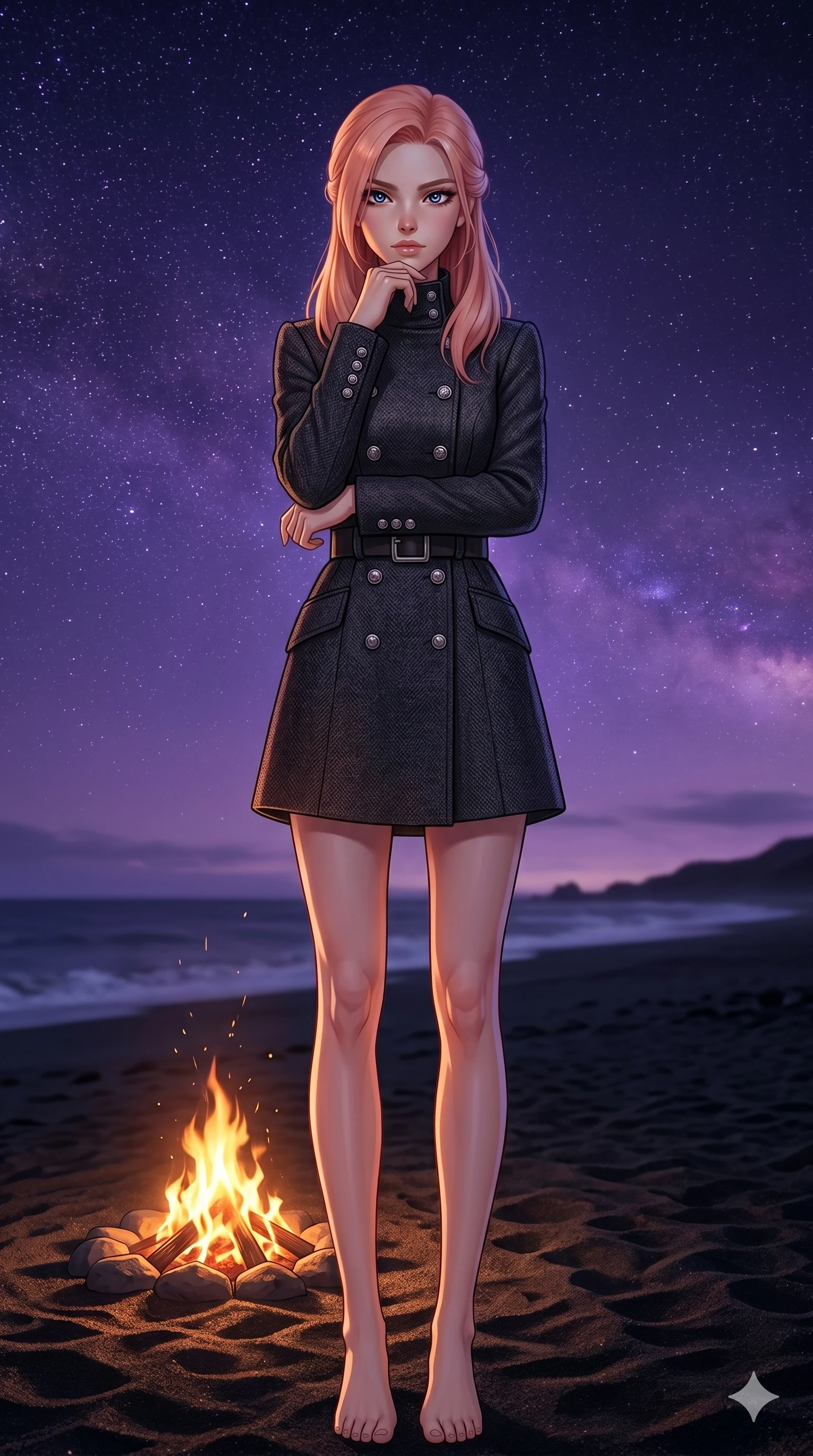 score_9, masterpiece, best quality, ultra-detailed, high-budget anime keyframe, editorial fashion photography, tasteful artistic composition, Japanese woman. low angle full-body shot from head to toe showing her feet, filling the entire 9:16 vertical frame with her statuesque presence, stretching her vertical silhouette. resting her chin on her hand, looking directly at the camera with a confident, piercing gaze on a secluded black volcanic beach under a sky of violet starlight (Code-P18-060). She has an absolutely perfect 8-heads proportion, an exceptionally tall and slender female figure with impossibly long slender legs and an ultra-slim waist. V-shaped jawline, high-bridge nose, intricate jewel-like eyes with depth, thick eyelashes, glossy lips with a natural sheen. wearing a structured high-neck coat with silver buttons. warm amber firelight casting dancing shadows and a soft golden glow over her features. 2k, ultra detail, master piece, 9:16 ratio