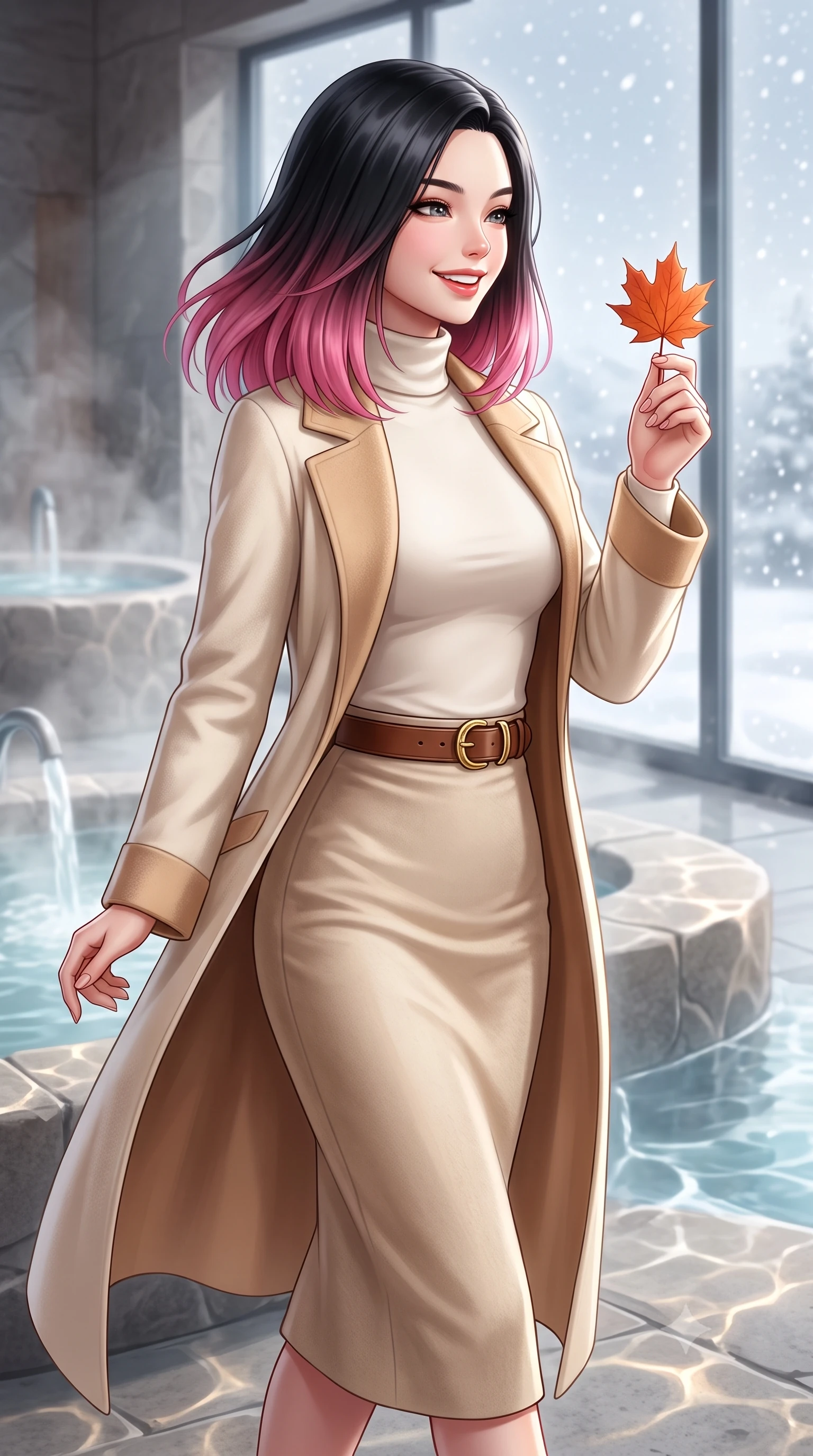 score_9, masterpiece, best quality, ultra-detailed, high-budget anime keyframe, semi-realistic 3D game render, editorial fashion photography, tasteful artistic composition, Korean woman. close-up cowboy shot from the waist and thighs up, the character dominates the composition, filling the frame with her large presence. holding a single autumn leaf delicately between manicured fingers, admiring it with a cheerful, parted-lip smile while walking past steaming indoor hydrotherapy fountains toward the glass wall looking out at falling snow, turning with radiant poise. The background shows a soft-focus minimalist stone water features softened in peaceful Swiss alpine wellness sanctuary shallow focus. She has an exceptionally elegant, slender, and willowy female figure with an ultra-slim waist, flat toned midriff, narrow ribcage, and sculpted feminine hips creating an alluring, slim hourglass silhouette without bulk. sharp v-shaped jawline, high-bridge nose, intricate jewel-like sparkling eyes with depth, thick eyelashes, glossy parted lips with a natural peach sheen, bright cheerful beaming smile with an enchanting and coquettish sensual glint, exuding both youthful cute charm and seductive allure, flawlessly proportioned anatomical accuracy, strict slender model proportions, natural body alignment, perfectly sculpted long slender limbs, ultra-slim waistline, clean dynamic posture without body distortion. wearing a luxurious longline cashmere cardigan coat with a belted waist worn over an ivory turtleneck and wool midi skirt in soft champagne ivory and warm biscuit beige, crafted from rich cotton velvet with deep light-absorbing pile and soft gradients, finished with a smooth equestrian bridle-leather belt with a polished brass horseshoe buckle, the expertly draped wool fabric falling in crisp fluid lines along her tall 8.5-heads silhouette, celebrating her slender frame without excess fabric bulk. illuminated by thermal pool surface caustics and soft pearlescent rim lights accentuating her sharp jawline and slender hourglass silhouette. highly saturated vibrant anime colors, detailed shading with soft gradients, rich glossy textures, high-contrast stereoscopic depth, volumetric dynamic lighting, master piece, 9:16 ratio