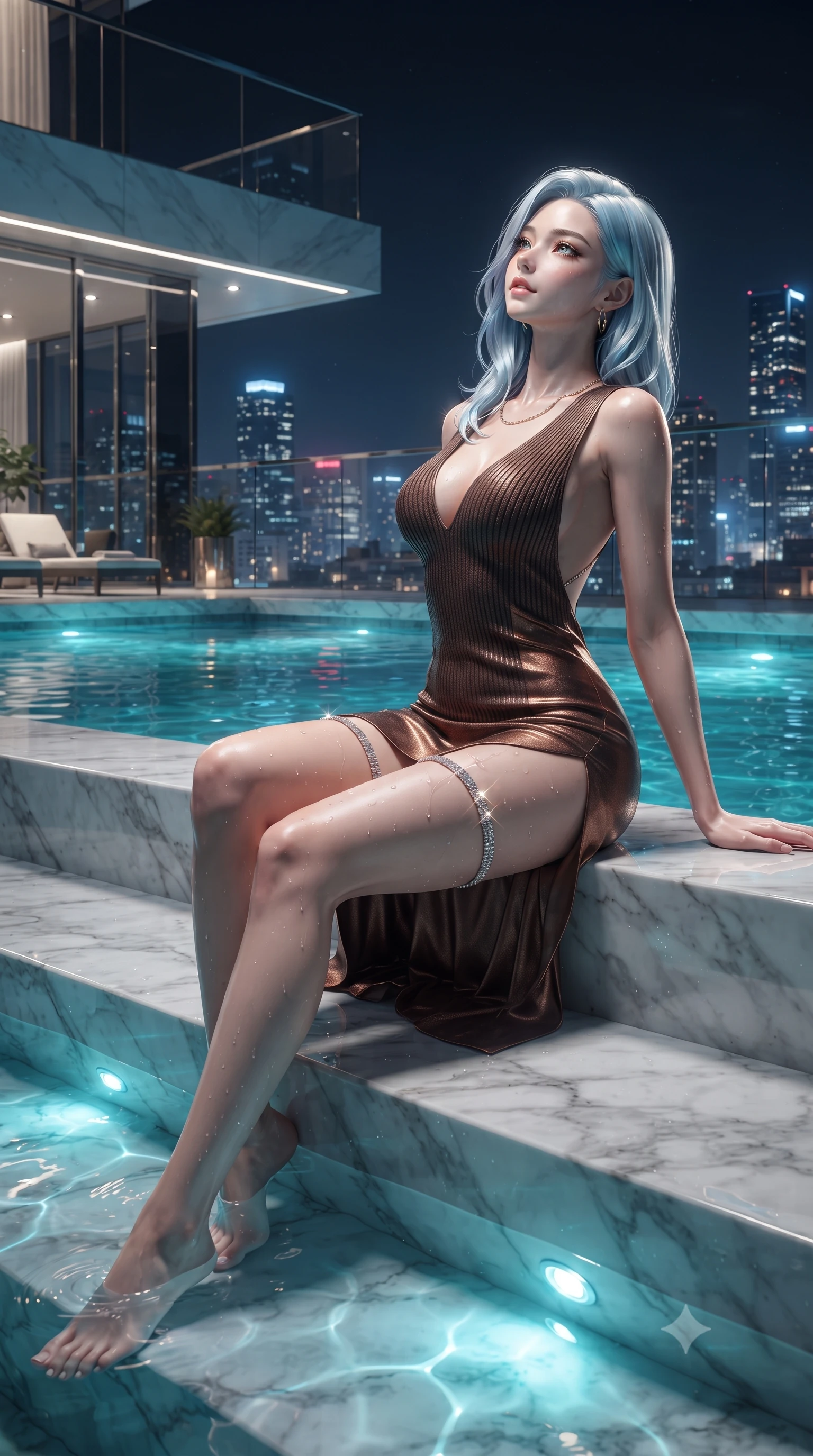 score_9, masterpiece, best quality, ultra-detailed, high-budget anime keyframe, editorial fashion photography, tasteful artistic composition, Korean woman. low angle full-body shot from head to toe showing her feet, filling the entire 9:16 vertical frame with her statuesque presence, stretching her vertical silhouette. sitting poised on the marble pool stairs with water lapping at her thighs, arching her spine with supermodel elegance as she glances upward through thick eyelashes while twisting her slender torso in an alluring contrapposto pose at the water's edge, molten turquoise pool caustics shimmering across her flat midriff and curvy hips. The surrounding environment is rendered in vivid detail and crisp panoramic clarity: detailed wet fabric cling texture, subtle gold jewelry glints, and ultra-modern penthouse architecture in razor-sharp precision. She has an absolutely perfect, statuesque 8.5-heads proportion, an exceptionally tall and slender model-like female figure with impossibly long slender legs, an ultra-slim waist, a flat toned midriff, narrow delicate ribcage, and beautifully sculpted feminine hips creating a graceful, slim hourglass silhouette without any bulky heaviness. sharp v-shaped jawline, high-bridge nose, sparkling eyes with hypnotic seductive depth, thick curled eyelashes, glossy parted lips with a natural dewy peach sheen, alluring bedroom-eyes with an enchanting coquettish smile, exuding magnetic siren charisma and sophisticated high-fashion glamour, flawlessly proportioned anatomical accuracy, strict slender model proportions, natural body alignment, perfectly sculpted long slender limbs, ultra-slim waistline, clean dynamic posture without body distortion. wearing a plunging V-neck rib-knit sweater dress with an open back and daring side leg slit in sultry espresso bronze and metallic copper, woven from buttery-soft stretch lambskin leather adhering to her body like a second skin, finished with delicate crystal-encrusted thigh garter straps glinting in the dim light, the form-contouring silhouette accentuating her sculpted flat midriff, narrow delicate ribcage, and gracefully curvy hips with intoxicating allure. illuminated by city skyline specular reflections and sharp platinum rim lights accentuating her razor-sharp jawline, narrow waist, and curvy hips. ultra-reflective glossy finish, specular highlights, rich textural contrasts, high-contrast stereoscopic depth, volumetric dynamic lighting, 2k, ultra detail, master piece, 9:16 ratio