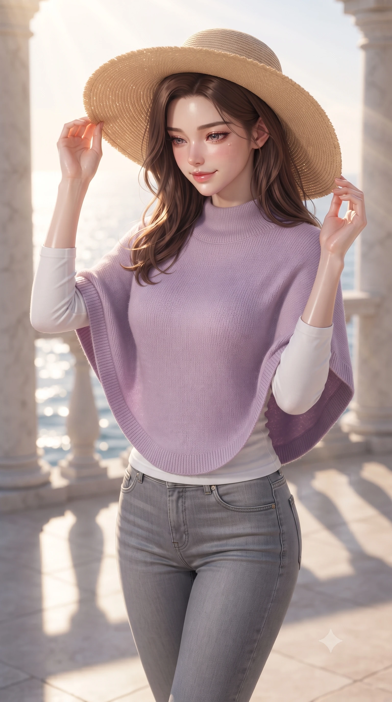 score_9, masterpiece, best quality, ultra-detailed, high-budget anime keyframe, editorial fashion photography, tasteful artistic composition, Korean woman woman. close-up cowboy shot from the waist and thighs up, the character dominates the composition, filling the frame with her large presence, background elements kept in soft focus. holding a wide-brimmed straw hat with both hands against the breeze, looking down with a soft smile the background shows a soft-focus a balcony with white stone pillars overlooking the sparkling Mediterranean sea. She has an exceptionally elegant, slender, and willowy female figure with an ultra-slim waist, a gracefully sculpted slender torso, and a refined silhouette. sharp v-shaped jawline, high-bridge nose, intricate jewel-like eyes with depth, thick eyelashes, glossy lips with a natural sheen. wearing a body-hugging soft lavender knit poncho over a white long-sleeve tee and grey skinny jeans. warm afternoon sunbeams casting long shadows across the floor. ultra-reflective glossy finish, specular highlights, metallic sheen, high-contrast stereoscopic depth, volumetric dynamic lighting, 2k, ultra detail, master piece, 9:16 ratio