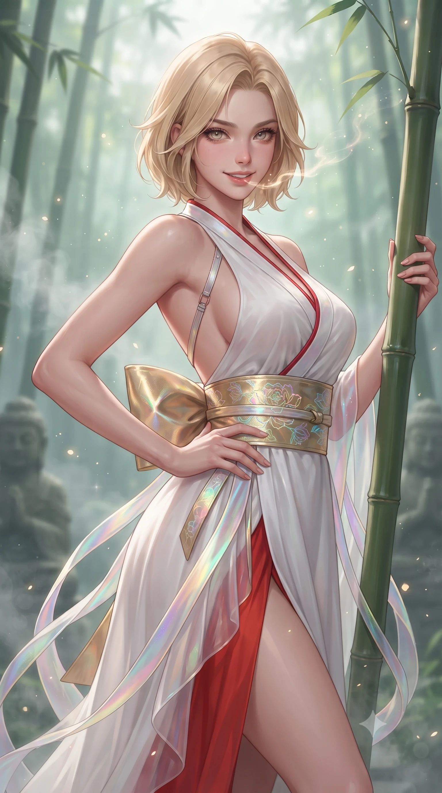 score_9, masterpiece, best quality, ultra-detailed, high-budget anime keyframe, editorial fashion photography, tasteful artistic composition, Caucasian woman. close-up cowboy shot from the waist and thighs up, the character dominates the composition, filling the frame with her large presence. smiling with subtle, enchanting allure and glossy parted lips, one hand resting on her waist with effortless supermodel poise while resting against a smooth bamboo trunk with a playful, enigmatic smile as spirit wisps illuminate her lovely face. The composition keeps background elements in soft focus with creamy bokeh. drifting forest ground mist and ancient stone statues softened in dreamy shallow depth of field. She has an exceptionally elegant, slender, and willowy female figure with an ultra-slim waist, a gracefully sculpted slender torso, toned flat midriff, and a refined slim silhouette. sharp v-shaped jawline, high-bridge nose, intricate jewel-like eyes with depth, thick eyelashes, glossy lips with a natural sheen, captivating and magnetic expression, flawlessly proportioned anatomical accuracy, strict slender model proportions, natural body alignment, perfectly sculpted long slender limbs, ultra-slim waistline, clean dynamic posture without body distortion. wearing a zero-gravity celestial dancer gown with cascading iridescent ribbons and bare back harness in pure snow white and vermilion red, tailored from crisp ceremonial cotton and multi-layered translucent chiffon, complemented by a wide metallic gold obi sash with holographic floral embroidery, the sleek tailored cut tightly hugging her graceful clavicle, narrow waist, and feminine curves with statuesque precision. surrounded by an enchanting, mysterious, and captivating oriental spirit sorceress aura. ultra-reflective glossy finish, specular highlights, rich textural contrasts, high-contrast stereoscopic depth, volumetric dynamic lighting, 2k, ultra detail, master piece, 9:16 ratio