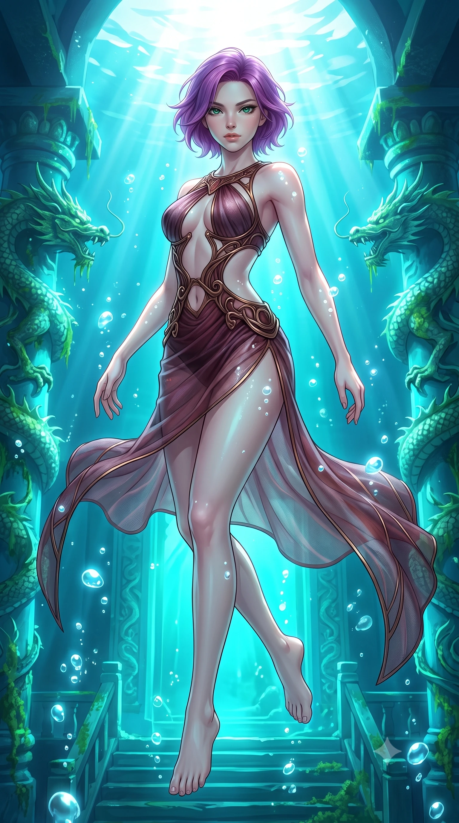 score_9, masterpiece, best quality, ultra-detailed, high-budget anime keyframe, editorial fashion photography, tasteful artistic composition, Caucasian woman. low angle full-body shot from head to toe showing her feet, filling the entire 9:16 vertical frame with her statuesque presence, stretching her vertical silhouette. pivoting dynamically in zero-gravity with fluid body alignment, displaying her perfect model proportions while floating underwater in a dynamic mid-air spin inside a sunken dragon temple, rising bioluminescent bubbles casting soft pearl-like highlights on her skin. She has an absolutely perfect, statuesque 8.5-heads proportion, an exceptionally tall and slender model-like female figure with impossibly long slender legs and an ultra-slim waist. sharp v-shaped jawline, high-bridge nose, intricate jewel-like eyes with depth, thick eyelashes, glossy lips with a natural sheen, flawlessly proportioned anatomical accuracy, natural body alignment, perfectly sculpted elegant limbs, clean dynamic posture without body distortion. wearing a dramatic open-waist cutout mini dress framed by sculptural hardware in deep burgundy and bronze, woven from fine semi-opaque sheer organza, finished with a sleek side slit ascending to mid-thigh, the form-contouring material highlighting her ultra-slim waist and long lines. bathed in brilliant sun-drenched water rays and luminous turquoise caustic glow. highly saturated vibrant anime colors, detailed shading with soft gradients, rich glossy textures, high-contrast stereoscopic depth, volumetric dynamic lighting, master piece, 9:16 ratio