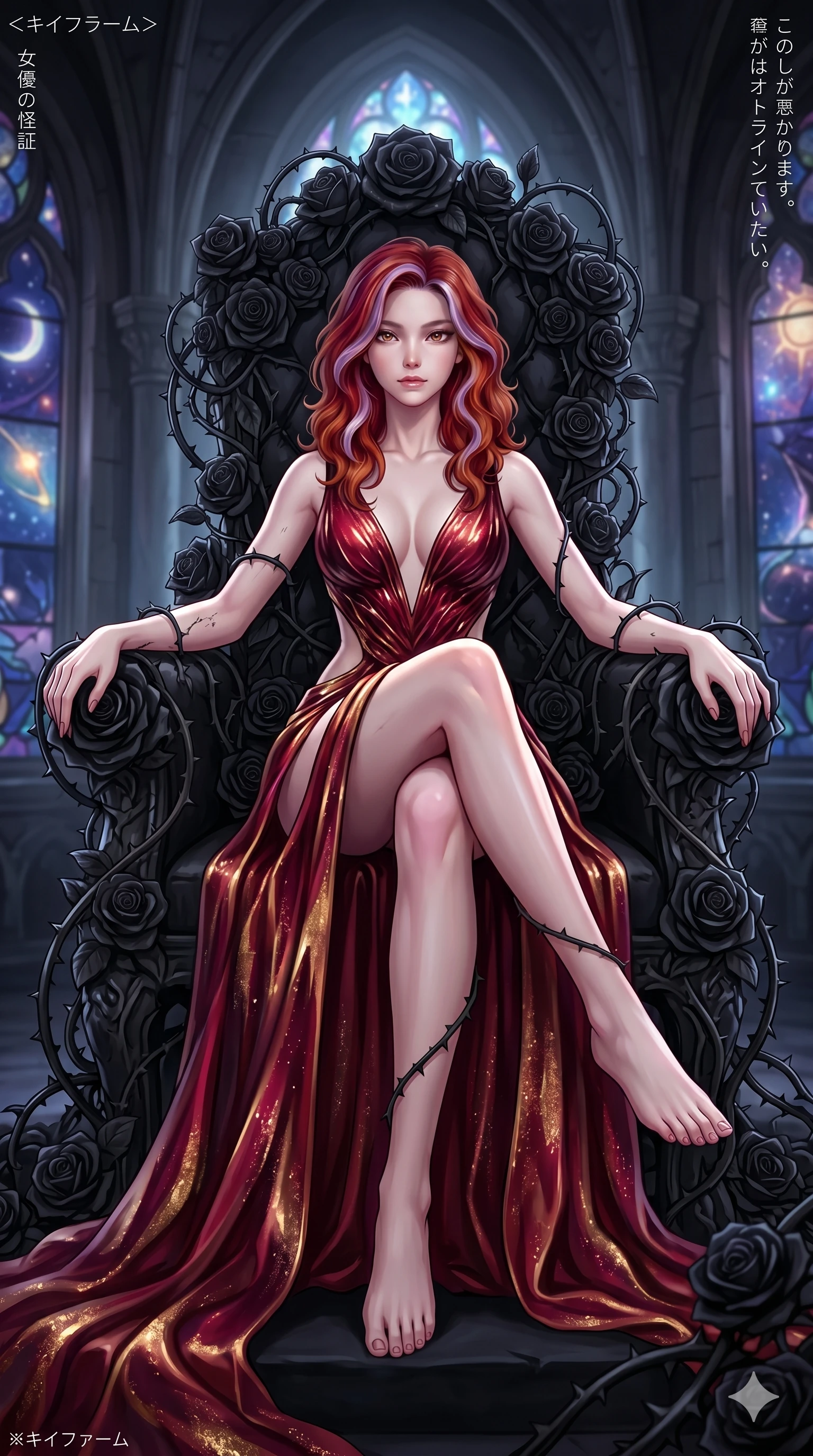 score_9, masterpiece, best quality, ultra-detailed, High-budget Anime Keyframe, East Asian woman. Dynamic full-body shot stretching the vertical silhouette to the limit. Scenario 200: Resting on a throne of black roses, thorns grazing her skin. Her presence is magnetic and overpowering in this high-budget anime scene. Outfit 200: A molten liquid silk decorative silk bands with a sculpted V-neckline and wet-look texture. The clothing is designed to emphasize her exceptionally tall and slender 8-heads proportion. 8-heads proportion, towering silhouette, ultra-slim waist. sharp v-shaped jawline, intricate jewel-like eyes with depth, thick eyelashes, glossy lips. 2k, ultra detail, master piece, 9:16 ratio