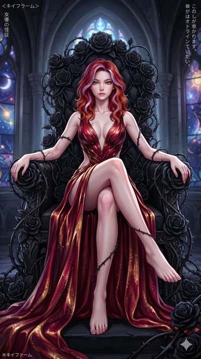 score_9, masterpiece, best quality, ultra-detailed, High-budget Anime Keyframe, East Asian woman. Dynamic full-body shot stretching the vertical silhouette to the limit. Scenario 200: Resting on a throne of black roses, thorns grazing her skin. Her p