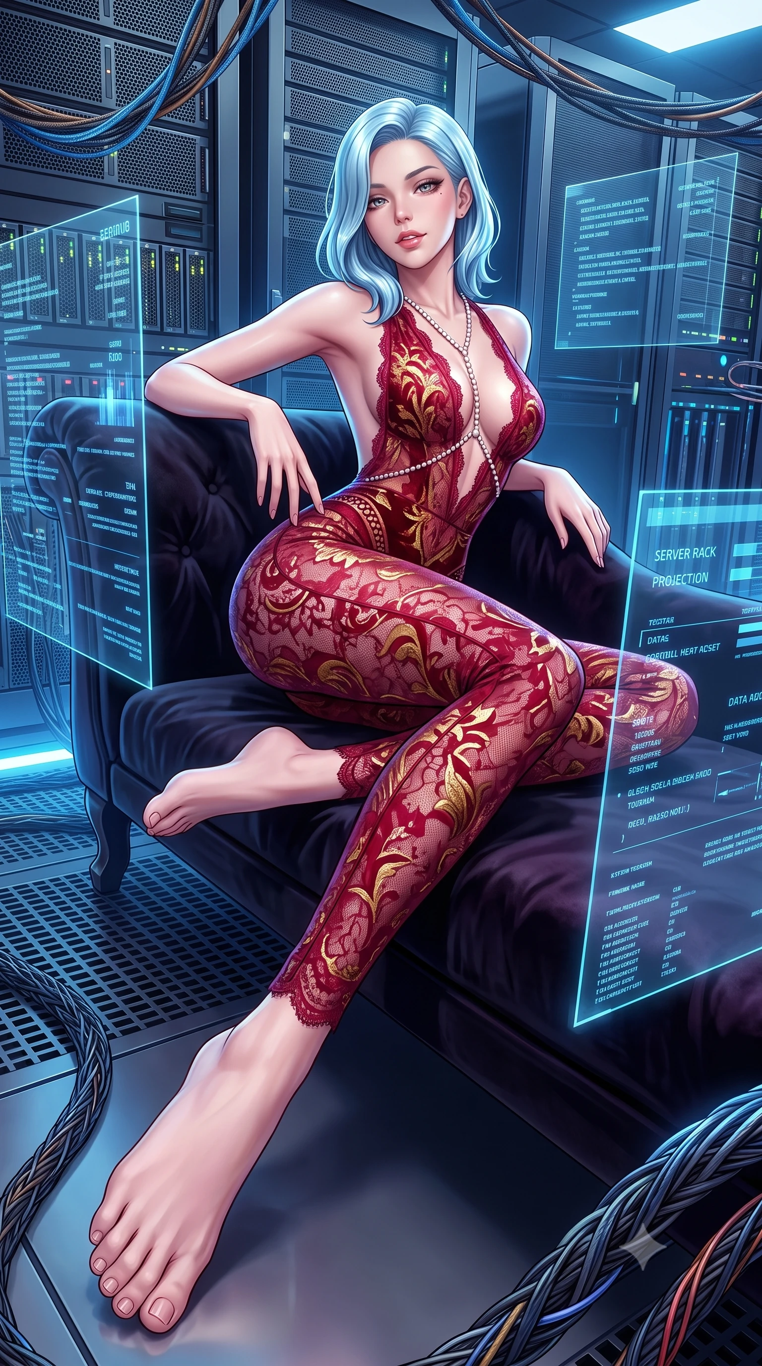 score_9, masterpiece, best quality, ultra-detailed, high-budget anime keyframe, semi-realistic 3D game render, editorial fashion photography, tasteful artistic composition, Korean woman. low angle full-body shot from head to toe showing her feet, filling the entire 9:16 vertical frame with her statuesque presence, stretching her vertical silhouette. reclining gracefully across the plush chaise lounge with one leg extended, her sculpted silhouette and flat midriff radiating magnetic nocturnal glamour while standing poised between transparent glass projection displays with hips cocked back, blue data streams illuminating her hourglass contours. The surrounding environment is rendered in vivid detail and crisp panoramic clarity: sharp holographic UI typography, server rack heat sink grilles, and braided fiber-optic cable textures in deep focus. She has an absolutely perfect, statuesque 8.5-heads proportion, an exceptionally tall and slender model-like female figure with impossibly long slender legs, an ultra-slim waist, a flat toned midriff, narrow delicate ribcage, and beautifully sculpted feminine hips creating a graceful, slim hourglass silhouette without any bulky heaviness. sharp v-shaped jawline, high-bridge nose, sparkling eyes with hypnotic seductive depth, thick curled eyelashes, glossy parted lips with a natural dewy peach sheen, alluring bedroom-eyes with an enchanting coquettish smile, exuding magnetic siren charisma and sophisticated glamour, flawlessly proportioned anatomical accuracy, strict slender model proportions, natural body alignment, perfectly sculpted long slender limbs, ultra-slim waistline, clean dynamic posture without body distortion. wearing a backless plunge-front second-skin stealth jumpsuit with fluid tapered legs and laser-cut hip ventilation in royal opera house crimson velvet and shimmering gold leaf, made of delicate semi-sheer French Chantilly lace with intricate eyelash edges, accented with a pearl-drop body harness subtly framing her dewy collarbones and spine, the precision-cut side openings and low-back scoop framing her graceful spine and the sensual sweep of her slim, toned hips. illuminated by server rack indicator bounce and sharp electric-blue rim lights sculpting her razor-sharp jawline, narrow waist, and curvy hips. highly saturated vibrant anime colors, detailed shading with soft gradients, rich glossy textures, high-contrast stereoscopic depth, volumetric dynamic lighting, master piece, 9:16 ratio