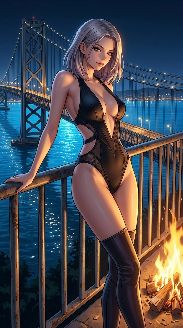 score_9, masterpiece, best quality, ultra-detailed, high-budget anime keyframe, editorial fashion photography, tasteful artistic composition, Caucasian woman, strictly human ears. cowboy shot from the thighs up, character and outfit filling the frame for maximum editorial presence. leaning against a metal railing, casting a cool, superior gaze on a steel suspension bridge overlooking a sparkling blue bay (Code-P19-130). She has an absolutely perfect 8-heads proportion, an exceptionally tall and slender female figure with impossibly long slender legs and an ultra-slim waist. V-shaped jawline, high-bridge nose, intricate jewel-like eyes with depth, thick eyelashes, glossy lips with a natural sheen. wearing a skin-tight swimsuit with plunging neck and side cutouts. warm bonfire light casting dancing shadows and a soft golden glow over her features. 2k, ultra detail, master piece, 9:16 ratio