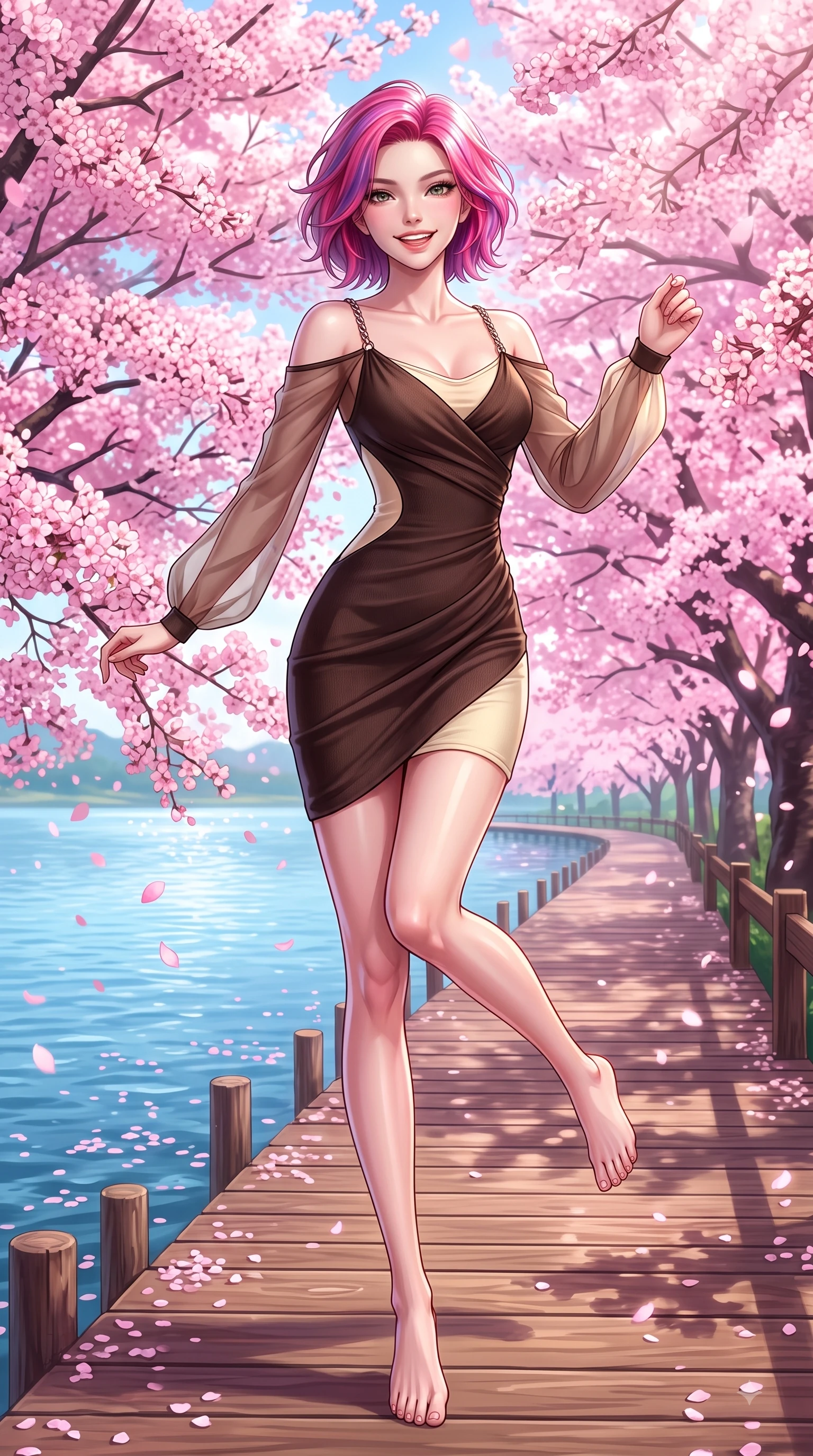 score_9, masterpiece, best quality, ultra-detailed, high-budget anime keyframe, editorial fashion photography, tasteful artistic composition, Caucasian woman. low angle full-body shot from head to toe showing her feet, filling the entire 9:16 vertical frame with her statuesque presence, stretching her vertical silhouette. forging dynamically through the scene with a happy infectious smile, her ultra-slim waist creating a sweeping curve while leaping with a beaming happy smile along a wooden lakeside boardwalk lined with sakura trees, dense canopies of pink cherry blossoms scattering petals across the clear blue lake. She has an absolutely perfect, statuesque 8.5-heads proportion, an exceptionally tall and slender model-like female figure with impossibly long slender legs and an ultra-slim waist. sharp v-shaped jawline, high-bridge nose, intricate jewel-like eyes with depth, thick eyelashes, glossy lips with a natural sheen, flawlessly proportioned anatomical accuracy, natural body alignment, perfectly sculpted elegant limbs, clean dynamic posture without body distortion. wearing a sleek bodycon knit dress with strategic sheer organza sleeve panels in espresso brown and warm cream, woven from fine semi-opaque sheer organza, adorned with delicate metallic chain straps along the neckline, the elegant draped fit framing her graceful clavicle and slender torso. illuminated by soft glowing pink ambient light and clear sky refractions. highly saturated vibrant anime colors, detailed shading with soft gradients, rich glossy textures, high-contrast stereoscopic depth, volumetric dynamic lighting, master piece, 9:16 ratio