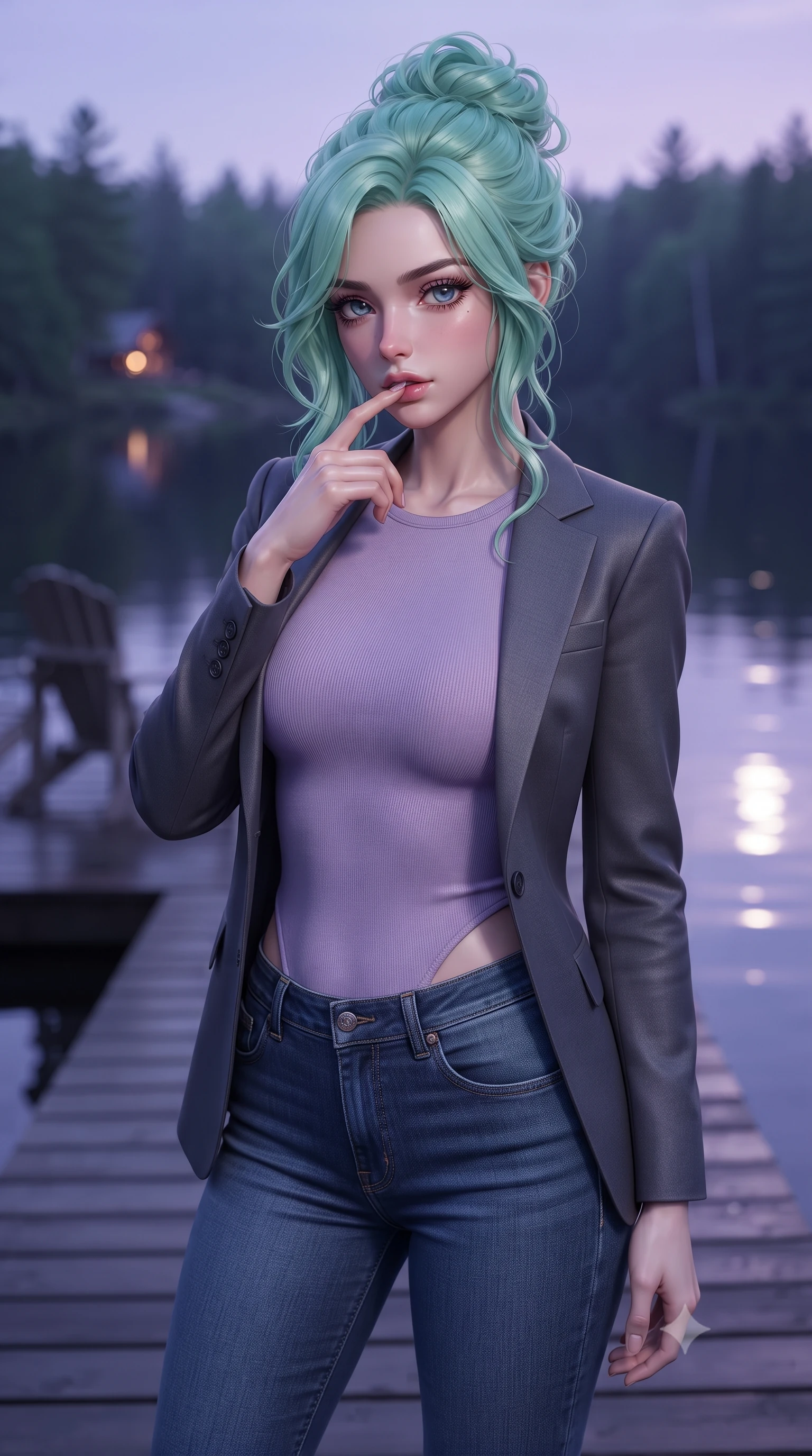 score_9, masterpiece, best quality, ultra-detailed, high-budget anime keyframe, editorial fashion photography, tasteful artistic composition, Japanese woman woman. close-up cowboy shot from the waist and thighs up, the character dominates the composition, filling the frame with her large presence, background elements kept in soft focus. pressing one finger to her bottom lip in a thoughtful, seductive gesture under the warm sun the background shows a soft-focus a simple dark wood deck extending over a calm forest lake, with two chairs. She has an exceptionally elegant, slender, and willowy female figure with an ultra-slim waist, a gracefully sculpted slender torso, and a refined silhouette. sharp v-shaped jawline, high-bridge nose, intricate jewel-like eyes with depth, thick eyelashes, glossy lips with a natural sheen. wearing a form-contouring tight-fitting lavender knit bodysuit worn under a tailored open blazer and jeans. the serene purple and blue hues of twilight reflecting on the still water. ultra-reflective glossy finish, specular highlights, metallic sheen, high-contrast stereoscopic depth, volumetric dynamic lighting, 2k, ultra detail, master piece, 9:16 ratio