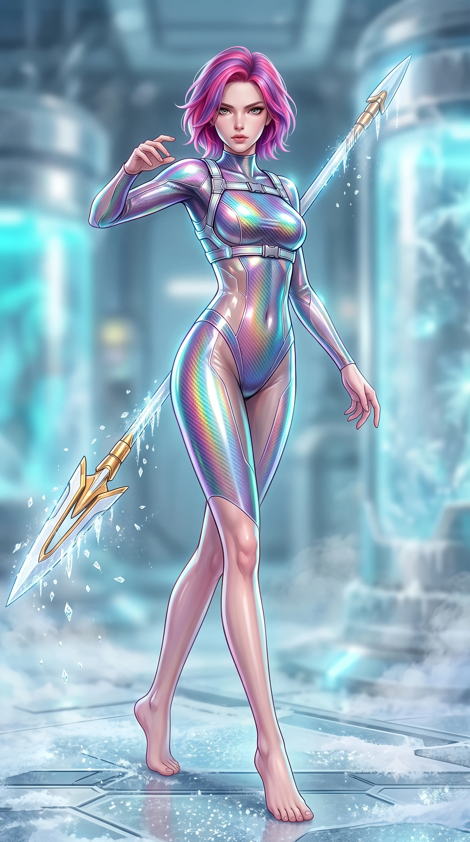 score_9, masterpiece, best quality, ultra-detailed, high-budget anime keyframe, semi-realistic 3D game render, editorial fashion photography, tasteful artistic composition, Caucasian woman. low angle full-body shot from head to toe showing her feet, filling the entire 9:16 vertical frame with her statuesque presence, stretching her vertical silhouette. striding forward with commanding supermodel grace, weapon held at the ready, her 8.5-heads statuesque silhouette dominating the vertical frame from head to toe while pivoting dynamically as she thrusts the cryo-spear forward, leaving a trail of diamond frost crystals hanging in the air. The composition keeps background elements in soft focus with creamy bokeh. drifting cryogenic frost vapor and frozen laboratory glass pods blurred into radiant cyan, silver, and pale blue bokeh. She has an absolutely perfect, statuesque 8.5-heads proportion, an exceptionally tall and slender model-like female figure with impossibly long slender legs, a toned flat midriff, and an ultra-slim waist. sharp v-shaped jawline, high-bridge nose, intricate jewel-like eyes with depth, thick eyelashes, glossy lips with a natural sheen, flawlessly proportioned anatomical accuracy, strict slender model proportions, natural body alignment, perfectly sculpted long slender limbs, ultra-slim waistline, clean dynamic posture without body distortion. wearing a high-gloss iridescent rainbow carbon-weave bodysuit with translucent cybernetic panels, brandishing dual sleek chrome particle beam pistols in a dynamic combat stance in arctic white carbon composite with radiant solar gold plating, crafted from semi-translucent cybernetic carbon-vinyl interwoven with glowing micro-filaments, reinforced by a sleek titanium tactical harness and glowing micro-energy straps, the glove-like aerodynamic second-skin fit tightly clinging to her ultra-slender waist and athletic curves without adding bulk, accentuating her razor-sharp statuesque lines and slim hourglass silhouette. illuminated by crisp specular ice refractions outlining her ultra-slim waist, long legs, and flat midriff. rich saturated anime colors with glowing neon highlights, detailed shading with soft gradients, rich glossy textures, high-contrast stereoscopic depth, volumetric dynamic lighting, master piece, 9:16 ratio