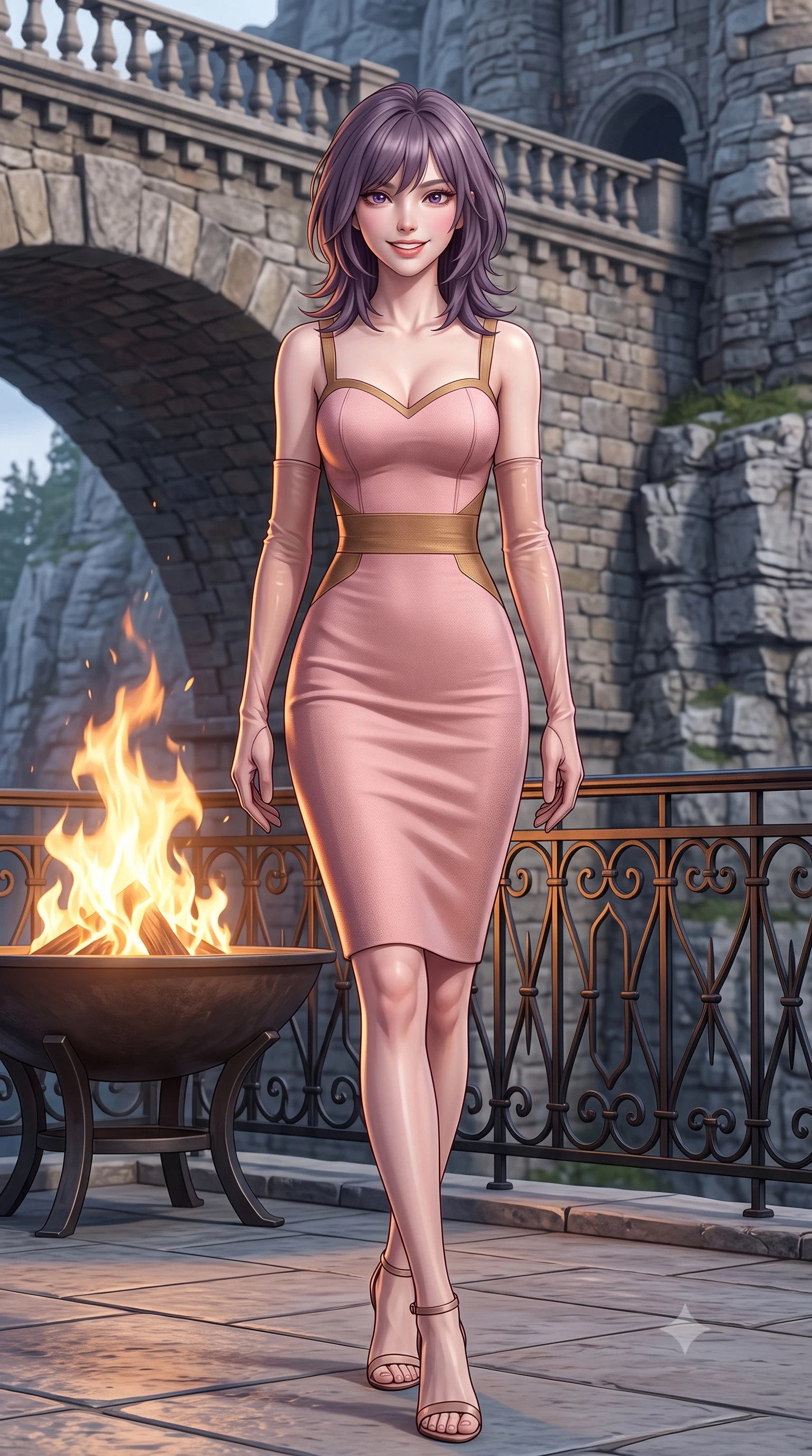 score_9, masterpiece, best quality, ultra-detailed, high-budget anime keyframe, semi-realistic 3D game render, editorial fashion photography, tasteful artistic composition, Japanese woman. low angle full-body shot from head to toe showing her feet, filling the entire 9:16 vertical frame with her statuesque presence, stretching her vertical silhouette. stepping forward in a confident stride, her long slender legs and curvaceous hips creating a dynamic, sweeping vertical line while twisting her slender torso in an alluring contrapposto stance beside the terrace fire bowl, golden flame ribbons tracing her narrow waist and hips. The surrounding environment is rendered in vivid detail and crisp panoramic clarity: sharp rough-hewn stone masonry of the historic bridge, sheer limestone fissure strata, and black iron balustrade scrollwork in deep focus. She has an exceptionally tall and slender model-like 8.5-heads proportion, an ultra-slim waist, a flat toned midriff, narrow delicate ribcage, and beautifully sculpted feminine hips creating a graceful, slim hourglass silhouette without any bulky heaviness, with impossibly long slender legs. sharp v-shaped jawline, high-bridge nose, intricate jewel-like sparkling eyes with depth, thick eyelashes, glossy parted lips with a natural peach sheen, bright cheerful beaming smile with an enchanting and coquettish sensual glint, exuding both youthful cute charm and seductive allure, flawlessly proportioned anatomical accuracy, strict slender model proportions, natural body alignment, perfectly sculpted long slender limbs, ultra-slim waistline, clean dynamic posture without body distortion. wearing a body-contouring dense bandage knit pencil dress with sweetheart neckline in rose-quartz blush and antique burnished brass, crafted from bespoke double-faced cashmere with an exceptionally soft tactile finish, complemented by sheer opera-length evening gloves tracing her slender arms, the bespoke structured tailoring following the natural line of her 8.5-heads silhouette with refined elegance. illuminated by stone deck bounce and sharp copper-gold rim lights sculpting her jawline, narrow waist, and curvy hips. highly saturated vibrant anime colors, detailed shading with soft gradients, rich glossy textures, high-contrast stereoscopic depth, volumetric dynamic lighting, master piece, 9:16 ratio