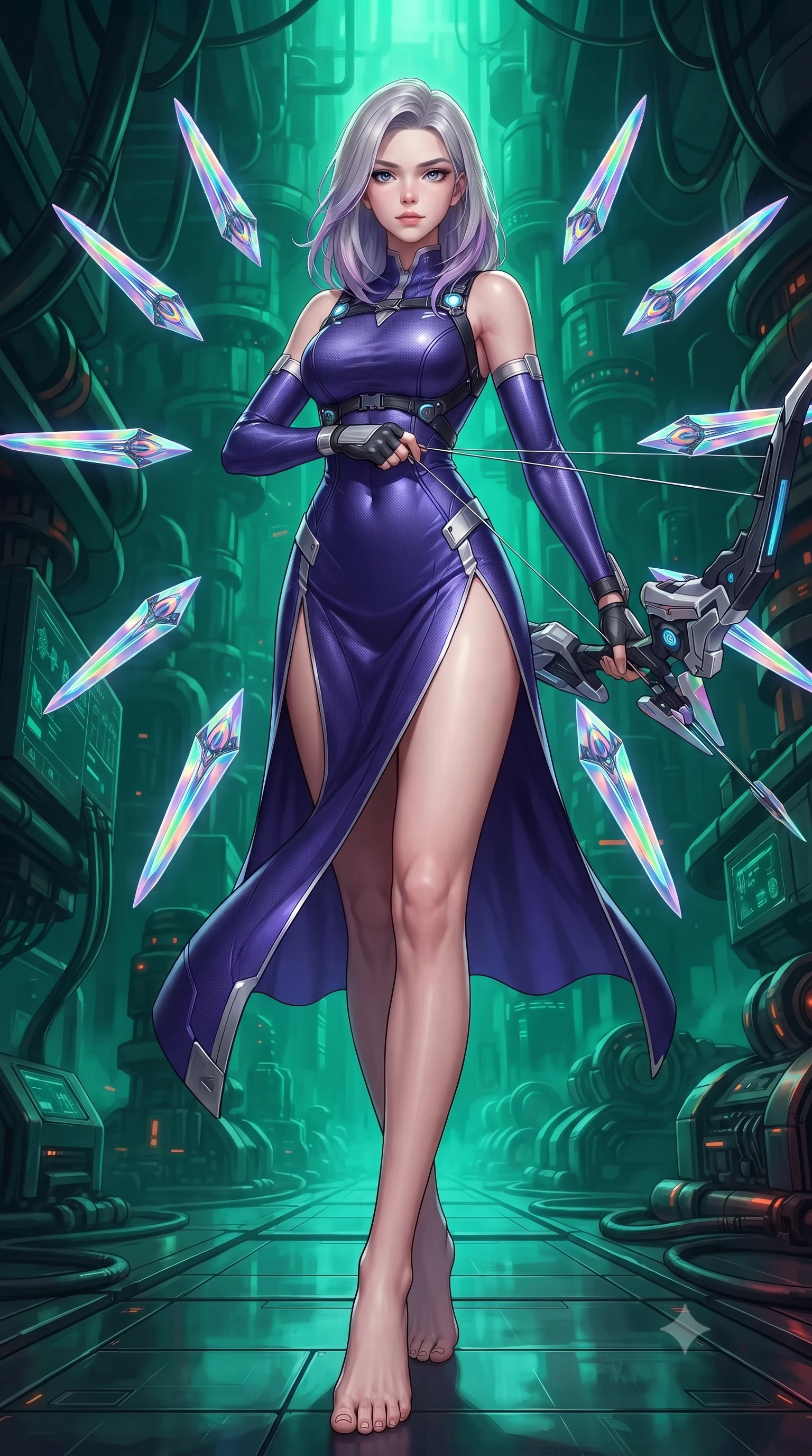 score_9, masterpiece, best quality, ultra-detailed, high-budget anime keyframe, editorial fashion photography, tasteful artistic composition, Caucasian woman. low angle full-body shot from head to toe showing her feet, filling the entire 9:16 vertical frame with her statuesque presence, stretching her vertical silhouette. striding forward with commanding supermodel grace, weapon held at the ready, her 8.5-heads statuesque silhouette dominating the vertical frame from head to toe while arching her back gracefully with full draw-string tension, her long slender legs and torso creating a sweeping line of power. The surrounding environment is rendered in vivid detail and crisp panoramic clarity. rich emerald chiaroscuro and high-tech subterranean power plant architecture captured with sharpness. She has an absolutely perfect, statuesque 8.5-heads proportion, an exceptionally tall and slender model-like female figure with impossibly long slender legs, a toned flat midriff, and an ultra-slim waist. sharp v-shaped jawline, high-bridge nose, intricate jewel-like eyes with depth, thick eyelashes, glossy lips with a natural sheen, flawlessly proportioned anatomical accuracy, strict slender model proportions, natural body alignment, perfectly sculpted long slender limbs, ultra-slim waistline, clean dynamic posture without body distortion. wearing a precision-fitted royal purple carbon-fiber battle-dress with high-slit tactical skirt and silver accents, directing eight floating nano-crystal funnel blades with sovereign gestures in high-gloss iridescent rainbow carbon with prism holographic sheen, made of lightweight aerodynamic carbon-titanium alloy with polished edge bevels, reinforced by a sleek titanium tactical harness and glowing micro-energy straps, the sleek second-skin cut tightly hugging her graceful clavicle, narrow waist, and feminine curves with athletic precision. surrounded by a sacred, mystical, and breathtakingly powerful high-tech archer goddess atmosphere. ultra-reflective glossy finish, specular highlights, dark metallic sheen, high-contrast stereoscopic depth, volumetric dynamic lighting, 2k, ultra detail, master piece, 9:16 ratio