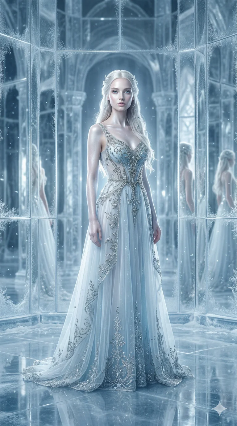 score_9, masterpiece, best quality, ultra-detailed, photorealistic 8k CG render, an incredibly beautiful ethereal Caucasian woman with flawless pale skin (strictly human ears). Dynamic full-body shot stretching vertically. She is a snow queen in a palace of mirrors. She has an absolutely perfect 8-heads proportion, a towering female figure with a delicate skinny aesthetic and prominent collarbones. Her face is a masterpiece with platinum blonde hair and icy blue eyes. She is wearing a sheer fabric gown with metallic silver accents, highlighting her alluring silhouette. Shimmering frost and reflections, dramatic rim lighting, radiant glowing skin, 2k, ultra detail, master piece, 9:16 ratio