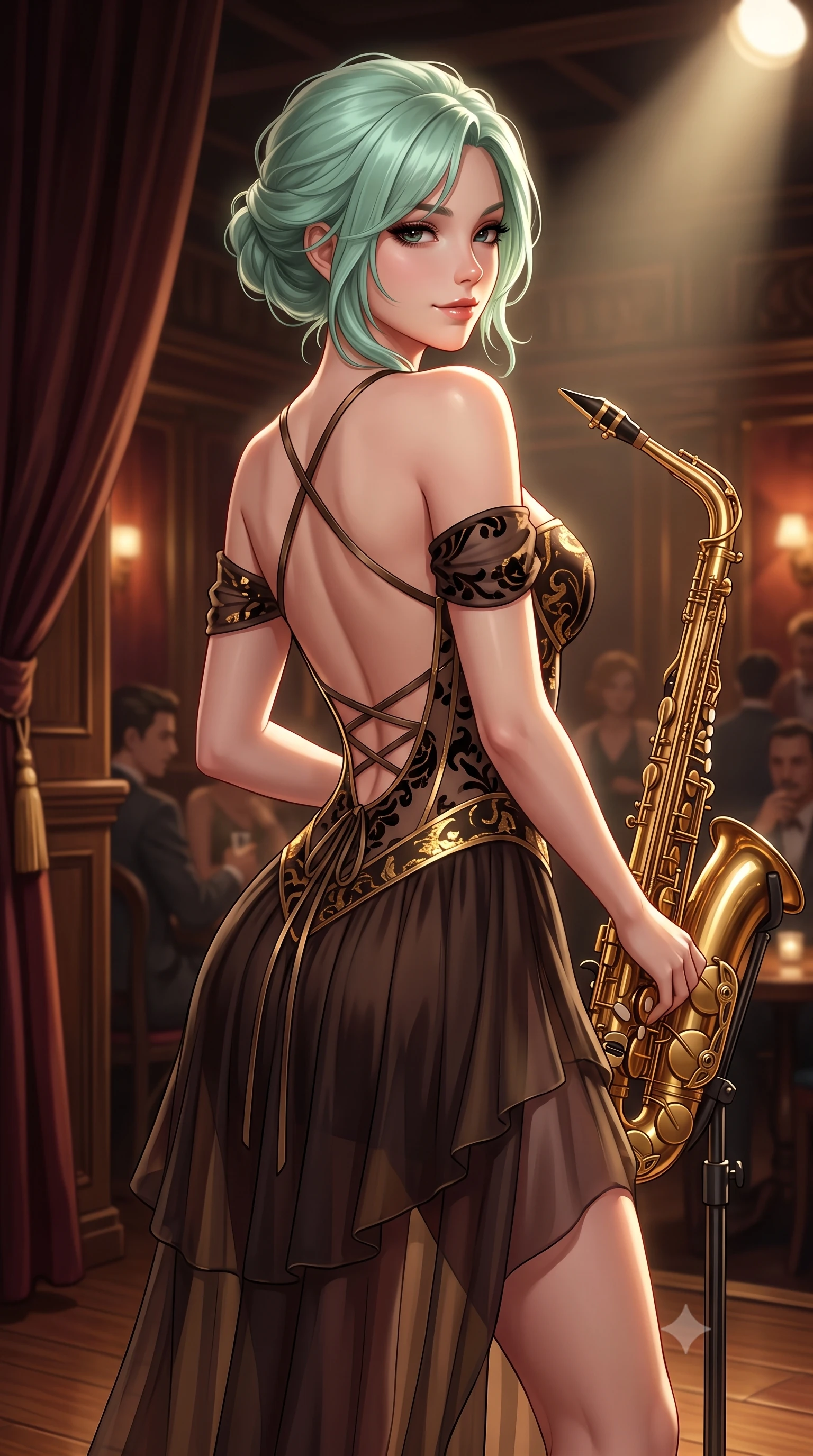 score_9, masterpiece, best quality, ultra-detailed, high-budget anime keyframe, semi-realistic 3D game render, editorial fashion photography, tasteful artistic composition, Japanese woman. close-up cowboy shot from the waist and thighs up, the character dominates the composition, filling the frame with her large presence. turning over a bare shoulder with an intoxicating, teasing smile, her soft hair framing her sharp jawline as her hips angle gracefully while standing poised beside the brass saxophone stand on the low bandstand, twisting her slender torso in an alluring S-curve in the spotlight. The surrounding environment is rendered in vivid detail and crisp panoramic clarity. intense atmospheric jazz-noir chiaroscuro and sophisticated speakeasy romance aesthetics in precision. She has an exceptionally elegant, slender, and willowy female figure with an ultra-slim waist, flat toned midriff, narrow ribcage, and sculpted feminine hips creating an alluring, slim hourglass silhouette without bulk. sharp v-shaped jawline, high-bridge nose, intricate jewel-like eyes with depth, thick eyelashes, glossy parted lips with a natural sheen, intensely captivating and seductive bedroom-eyes expression, flawlessly proportioned anatomical accuracy, strict slender model proportions, natural body alignment, perfectly sculpted long slender limbs, ultra-slim waistline, clean dynamic posture without body distortion. wearing an off-shoulder French court corset bodice dress paired with a tiered translucent chiffon slit skirt in dark espresso brown and molten gold foil, made of sheer contouring power-mesh with velvet flocking patterns, finished with criss-cross back satin straps highlighting her graceful shoulder blades, the dramatically scooped open back descending to the base of her spine, accentuating her razor-sharp statuesque lines and slim hourglass silhouette. illuminated by rich specular rim lights defining her razor-sharp jawline, narrow waist, and curvy hips. highly saturated vibrant anime colors, detailed shading with soft gradients, rich glossy textures, high-contrast stereoscopic depth, volumetric dynamic lighting, master piece, 9:16 ratio