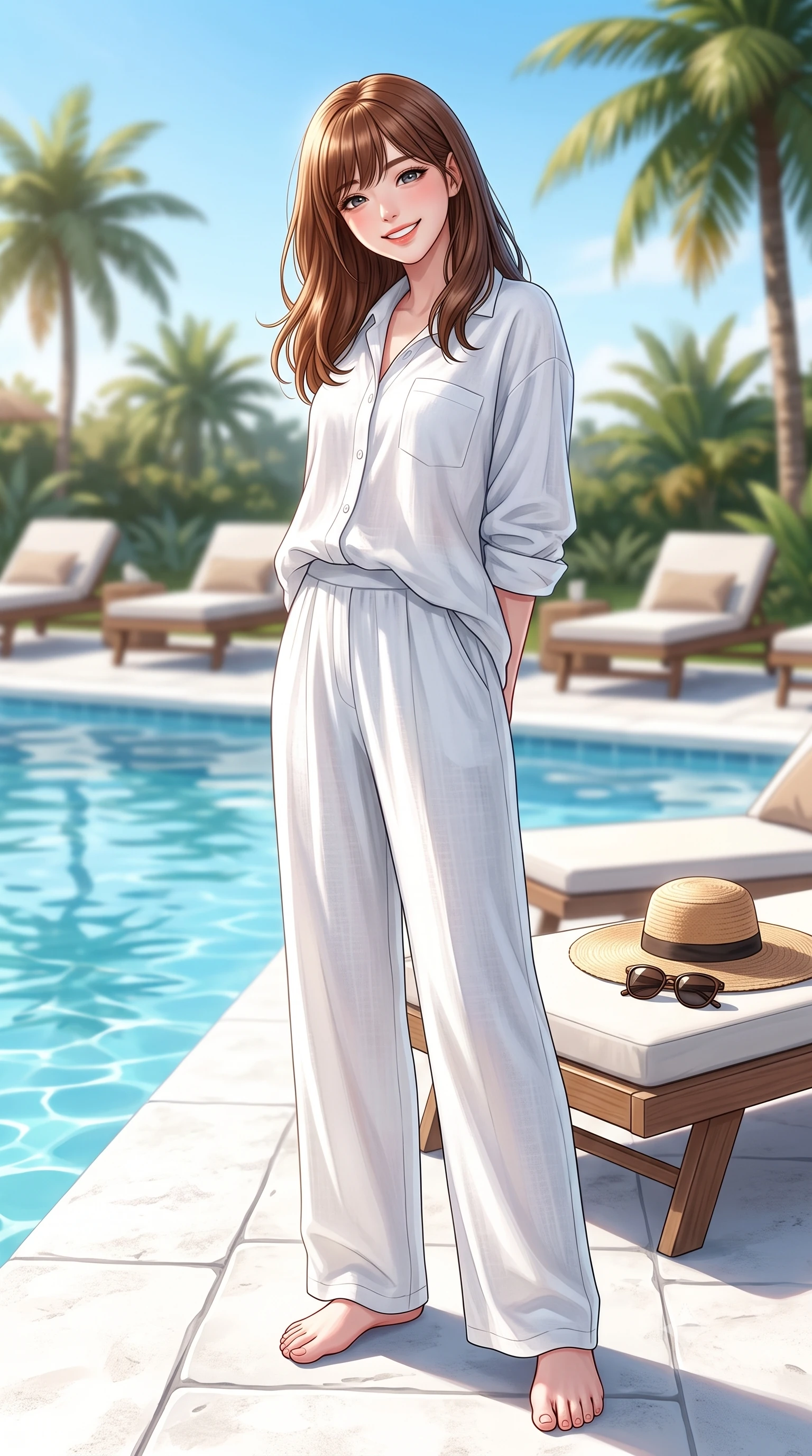 score_9, masterpiece, best quality, ultra-detailed, high-budget anime keyframe, editorial fashion photography, tasteful artistic composition, Korean woman. low angle full-body shot from head to toe showing her feet, filling the entire 9:16 vertical frame with her statuesque presence, stretching her vertical silhouette. standing with a cute, bright pose, tilting her head with a beaming smile set against a soft-focus background of next to a sparkling resort swimming pool with comfortable sun loungers and palms with a straw sunhat and a pair of sunglasses resting on the lounge chair. She has an absolutely perfect, statuesque 8.5-heads proportion, an exceptionally tall and slender model-like female figure with impossibly long slender legs and an ultra-slim waist. sharp v-shaped jawline, high-bridge nose, intricate jewel-like eyes with depth, thick eyelashes, glossy lips with a natural sheen. wearing slim-fit casual resort wear linen shirt in white, paired with wide-leg linen pants. bright midday sun casting crisp, clean shadows on the white stone deck. highly saturated vibrant anime colors, detailed shading with soft gradients, rich glossy textures, high-contrast stereoscopic depth, volumetric dynamic lighting, master piece, 9:16 ratio