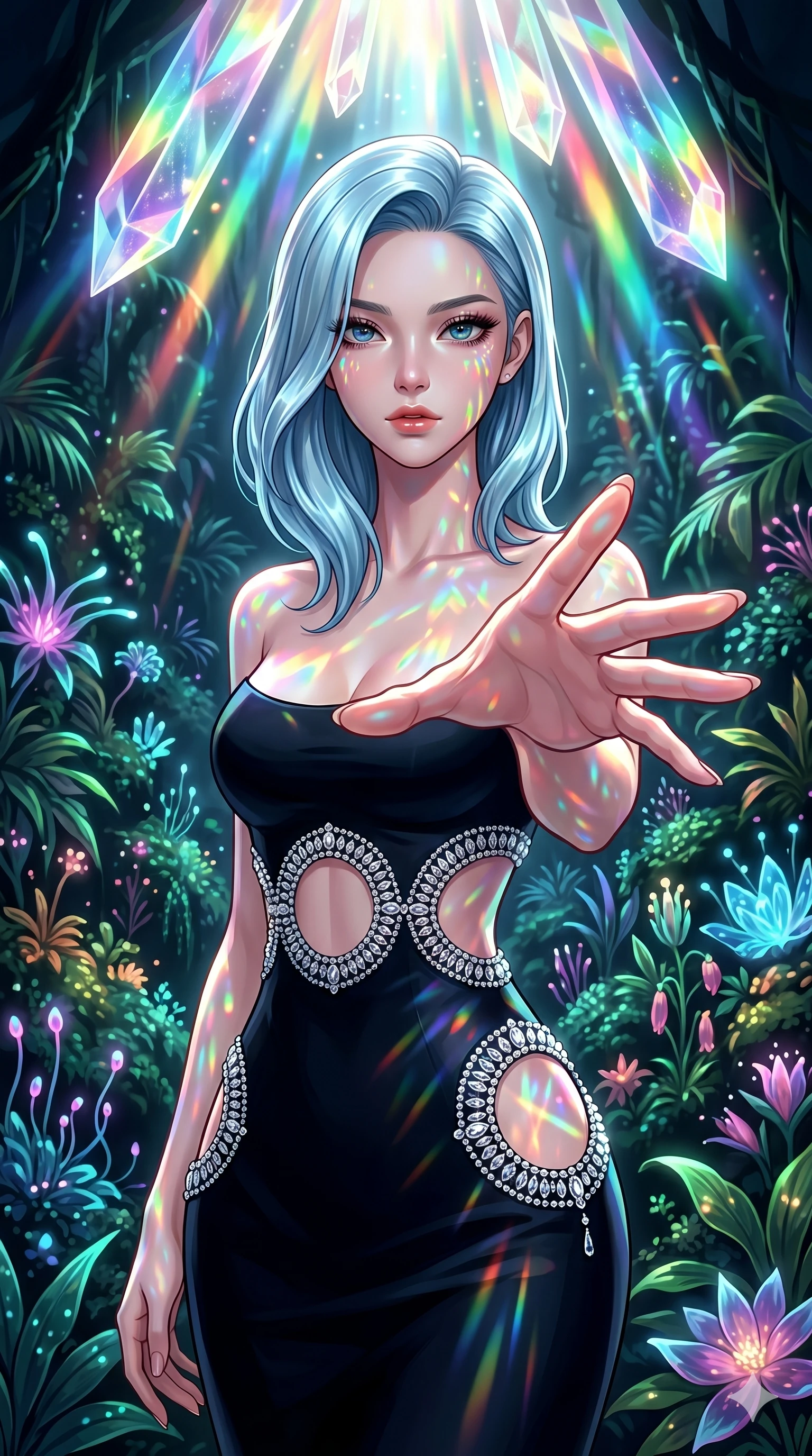score_9, masterpiece, best quality, ultra-detailed, high-budget anime keyframe, editorial fashion photography, tasteful artistic composition, Korean woman. cowboy shot from the thighs up, character and outfit filling the frame for maximum editorial presence. Reaching one hand toward the viewer with relaxed elegance within a prismatic rain-forest dome where bioluminescent plants pulse softly in the dark. She has an absolutely perfect 8-heads proportion, an exceptionally tall and slender female figure with impossibly long slender legs and an ultra-slim waist. V-shaped jawline, high-bridge nose, intricate jewel-like eyes with depth, thick eyelashes, glossy lips with a natural sheen. wearing a midnight black structured couture gown with elaborate crystal-edged circular cutouts at the waist and hip, creating a dazzling jeweled window effect against her skin. illuminated by cascading rainbow prismatic light refracting through crystal overhead and casting patterns on her skin. 2k, ultra detail, master piece, 9:16 ratio