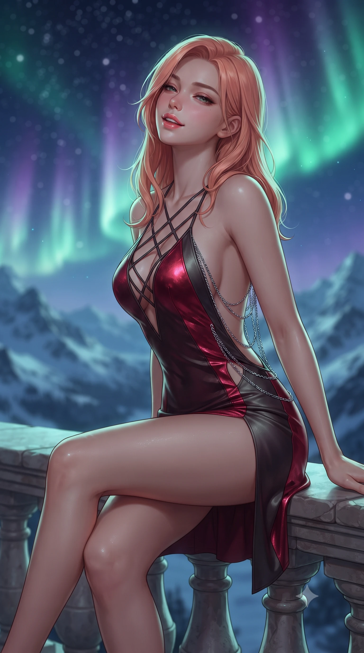 score_9, masterpiece, best quality, ultra-detailed, high-budget anime keyframe, editorial fashion photography, tasteful artistic composition, Japanese woman. close-up cowboy shot from the waist and thighs up, the character dominates the composition, filling the frame with her large presence. leaning back against the balustrade with relaxed seductive grace, head tilted back slightly while casting a hypnotic, heavy-lidded gaze while sitting gracefully on the heated stone parapet ledge with legs crossed, flashing an enchanting smile with parted glossy lips. The background shows a soft-focus rippling emerald and amethyst southern aurora ribbons across the star-studded night sky, jagged snow-covered mountain ridges blurred into jade, violet, and diamond bokeh. She has an exceptionally elegant, slender, and willowy female figure with an ultra-slim waist, flat toned midriff, narrow ribcage, and sculpted feminine hips creating an alluring, slim hourglass silhouette without bulk. sharp v-shaped jawline, high-bridge nose, intricate jewel-like sparkling eyes with depth, thick eyelashes, glossy parted lips with a natural peach sheen, bright cheerful beaming smile with an enchanting and coquettish sensual glint, exuding both youthful cute charm and seductive allure, flawlessly proportioned anatomical accuracy, strict slender model proportions, natural body alignment, perfectly sculpted long slender limbs, ultra-slim waistline, clean dynamic posture without body distortion. wearing a backless liquid foil flight mini dress with criss-cross spinal straps and daring high side slit in deep crimson hazard red and matte dark titanium, woven from buttery-soft stretch lambskin leather adhering to her body like a second skin, accented with an open-back drape framed by falling strands of delicate chrome chains, the precision-cut side openings and low-back scoop framing her graceful spine and the sensual sweep of her slim, toned hips. illuminated by snow crust reflection bounce and sharp aurora-emerald rim lights sculpting her jawline, narrow waist, and curvy hips. ultra-reflective glossy finish, specular highlights, rich textural contrasts, high-contrast stereoscopic depth, volumetric dynamic lighting, 2k, ultra detail, master piece, 9:16 ratio