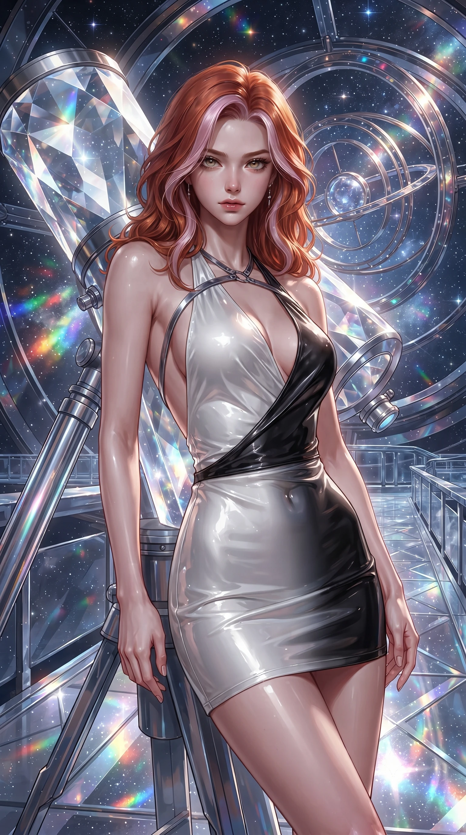 score_9, masterpiece, best quality, ultra-detailed, high-budget anime keyframe, editorial fashion photography, tasteful artistic composition, Caucasian woman. close-up cowboy shot from the waist and thighs up, the character dominates the composition, filling the frame with her large presence. gazing directly into the lens with bedroom eyes and a breathtaking, dangerous allure that commands the entire composition while leaning against a giant diamond prism telescope with an alluring, celestial gaze looking directly into the camera. The surrounding environment is rendered in vivid detail and crisp panoramic clarity. intricate cosmic observatory rings, starlight refraction patterns, and crystalline walkways in high clarity. She has an exceptionally elegant, slender, and willowy female figure with an ultra-slim waist, a gracefully sculpted slender torso, toned flat midriff, and a refined slim silhouette. sharp v-shaped jawline, high-bridge nose, intricate jewel-like eyes with depth, thick eyelashes, glossy lips with a natural sheen, flawlessly proportioned anatomical accuracy, strict slender model proportions, natural body alignment, perfectly sculpted long slender limbs, ultra-slim waistline, clean dynamic posture without body distortion. wearing a form-contouring liquid satin halter-neck mini dress with a deep crossover cowl front, open back, and ultra-slender waist drape in high-gloss monochrome white and sharp black contrast, formed from high-gloss patent material with specular light reflections, reinforced by a sleek metallic chrome harness and delicate glowing micro-straps, the liquid-tight tailored fabric emphasizing every curve of her tall, slender model proportions and sculptured silhouette during dynamic movement. bathed in radiant starlight brilliance and multi-colored nebula ambient illumination. ultra-reflective glossy finish, specular highlights, metallic sheen, high-contrast stereoscopic depth, volumetric dynamic lighting, 2k, ultra detail, master piece, 9:16 ratio