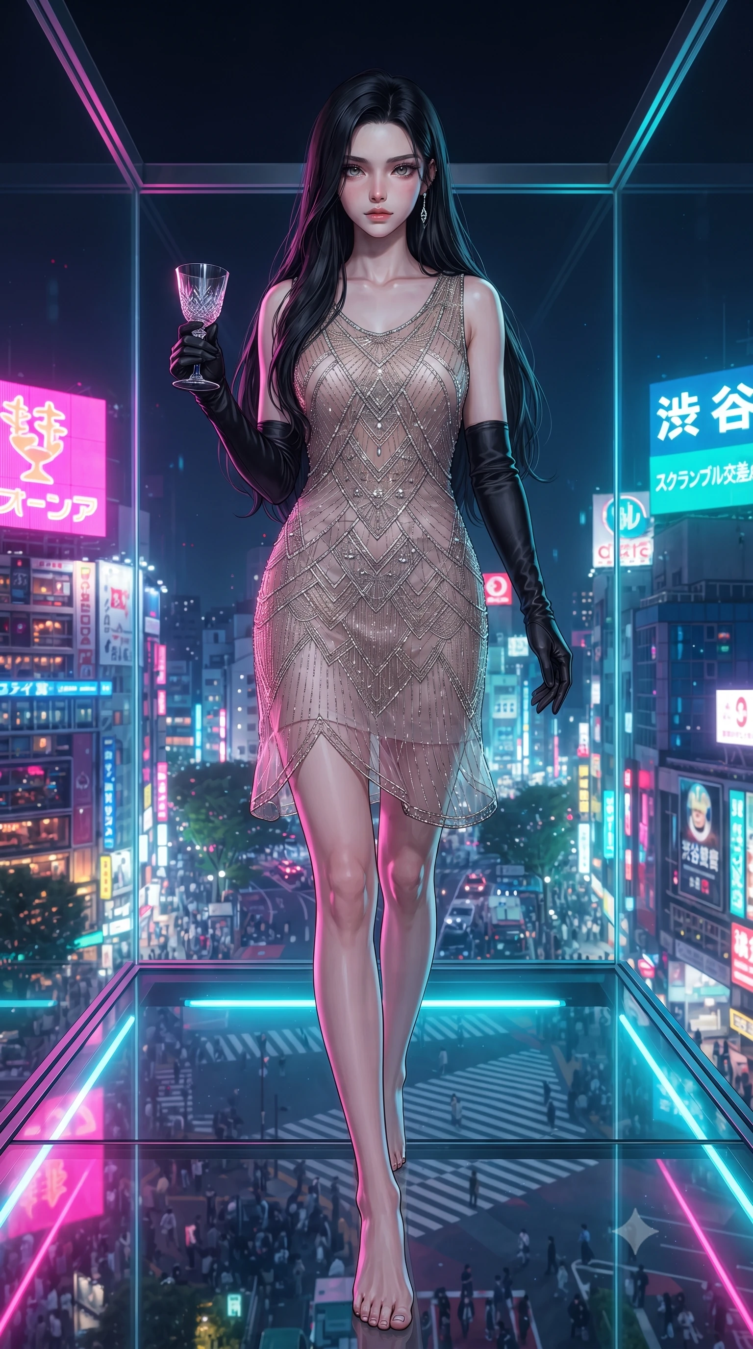 score_9, masterpiece, best quality, ultra-detailed, high-budget anime keyframe, editorial fashion photography, tasteful artistic composition, Korean woman. low angle full-body shot from head to toe showing her feet, filling the entire 9:16 vertical frame with her statuesque presence, stretching her vertical silhouette. striding forward in a proud supermodel runway stride, hips swaying in an alluring kinetic rhythm that accentuates her curvy hourglass silhouette while leaning deep against the transparent cantilevered glasscube railing suspended 300 meters above Shibuya, hips cocked back as neon crossroads swirl beneath her feet. The surrounding environment is rendered in vivid detail and crisp panoramic clarity. detailed fabric sheen, neon reflection clarity, and endless Tokyo metropolis panorama in high resolution. She has an exceptionally tall and slender model-like 8.5-heads proportion, an ultra-slim waist, a flat toned midriff, narrow delicate ribcage, and beautifully sculpted feminine hips creating a graceful, slim hourglass silhouette without any bulky heaviness, with impossibly long slender legs. sharp v-shaped jawline, high-bridge nose, intricate jewel-like eyes with depth, thick eyelashes, glossy parted lips with a natural sheen, intensely captivating and seductive bedroom-eyes expression, flawlessly proportioned anatomical accuracy, strict slender model proportions, natural body alignment, perfectly sculpted long slender limbs, ultra-slim waistline, clean dynamic posture without body distortion. wearing a sheer vintage mesh flapper dress adorned with intricate geometric beadwork over an opaque silk slip in sakura blossom pink and warm ivory, tailored from water-resistant treated wool gabardine and flexible stretch silk, accessorized with opera-length satin gloves and a vintage crystal glass, the liquid-tight tailored fabric clinging flawlessly to her narrow waist and rounded feminine hips, emphasizing every millimeter of her sculpted slim hourglass curves without any bulky heaviness. bathed in vibrant magenta and electric cyan neon underlights contrasting with cool night sky ambient fill. ultra-reflective glossy finish, specular highlights, rich textural contrasts, high-contrast stereoscopic depth, volumetric dynamic lighting, 2k, ultra detail, master piece, 9:16 ratio
