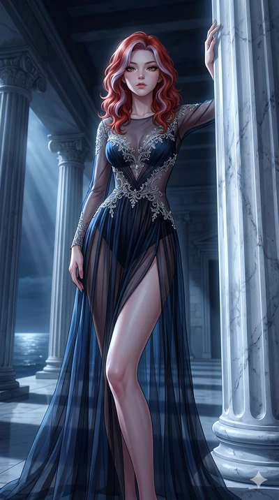 score_9, masterpiece, best quality, ultra-detailed, High-budget Anime Keyframe, East Asian woman. Low angle cowboy shot filling the entire 9:16 frame with her statuesque presence. Scenario 273: Leaning against a cold marble pillar in a moonlit greek 