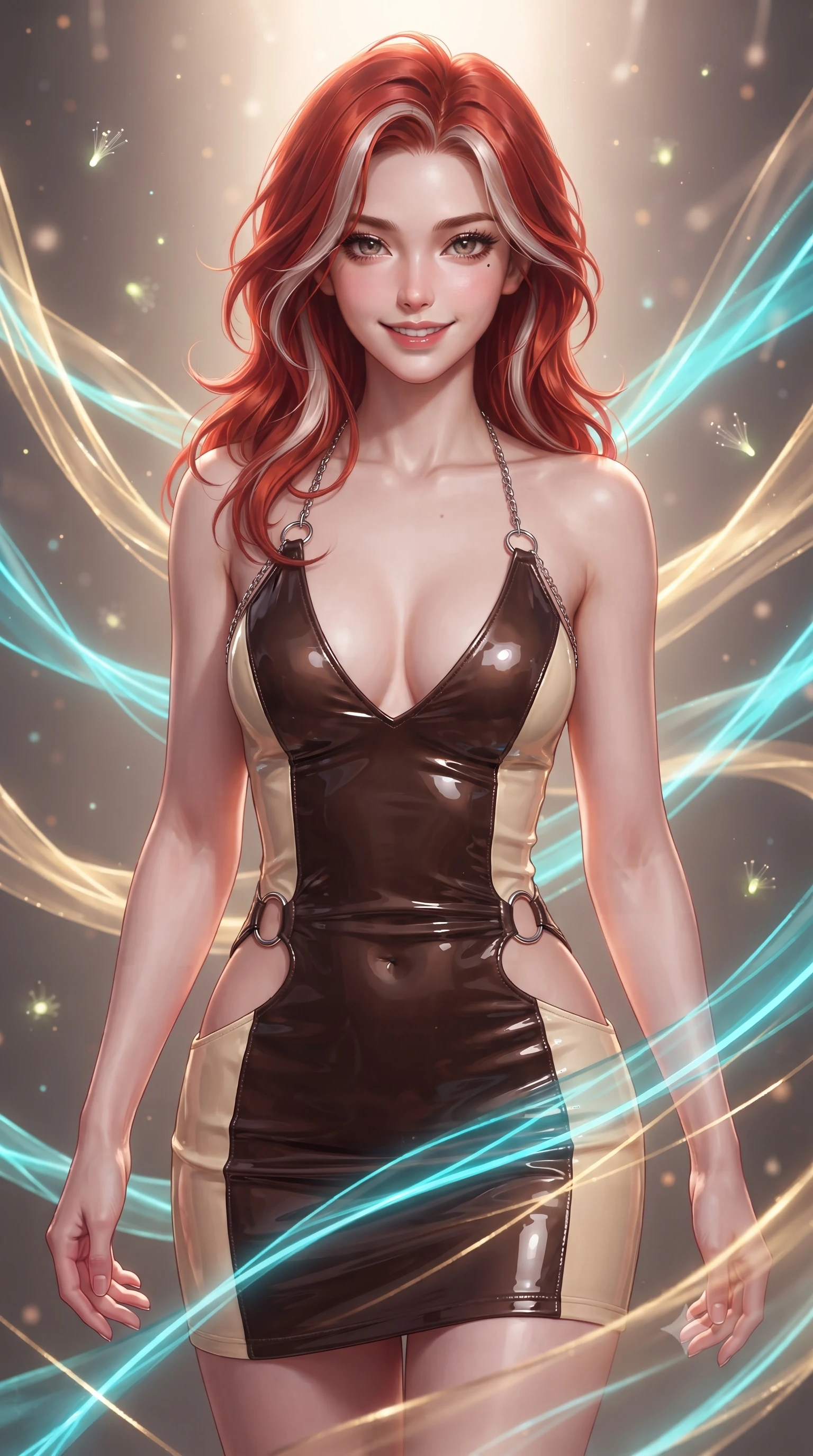 score_9, masterpiece, best quality, ultra-detailed, high-budget anime keyframe, editorial fashion photography, tasteful artistic composition, Caucasian woman. close-up cowboy shot from the waist and thighs up, the character dominates the composition, filling the frame with her large presence, background elements kept in soft focus. Smiling with quiet, magnetic self-assurance directly into the lens navigating a maze of glowing silk ribbons that pulse to a cosmic rhythm, glowing fiber optic motes drifting like fireflies in the background. She has an exceptionally elegant, slender, and willowy female figure with an ultra-slim waist, a gracefully sculpted slender torso, and a refined silhouette. sharp v-shaped jawline, high-bridge nose, intricate jewel-like eyes with depth, thick eyelashes, glossy lips with a natural sheen. wearing a deep-scoop halter bodycon dress with hip cutouts connected by silver rings in espresso brown and warm cream, tailored from high-gloss patent leather, adorned with delicate metallic chain straps along the neckline, the sleek second-skin texture accentuating her magnetic presence. illuminated by the brilliant glow of cyan and gold luminescent threads. ultra-reflective glossy finish, specular highlights, metallic sheen, high-contrast stereoscopic depth, volumetric dynamic lighting, 2k, ultra detail, master piece, 9:16 ratio