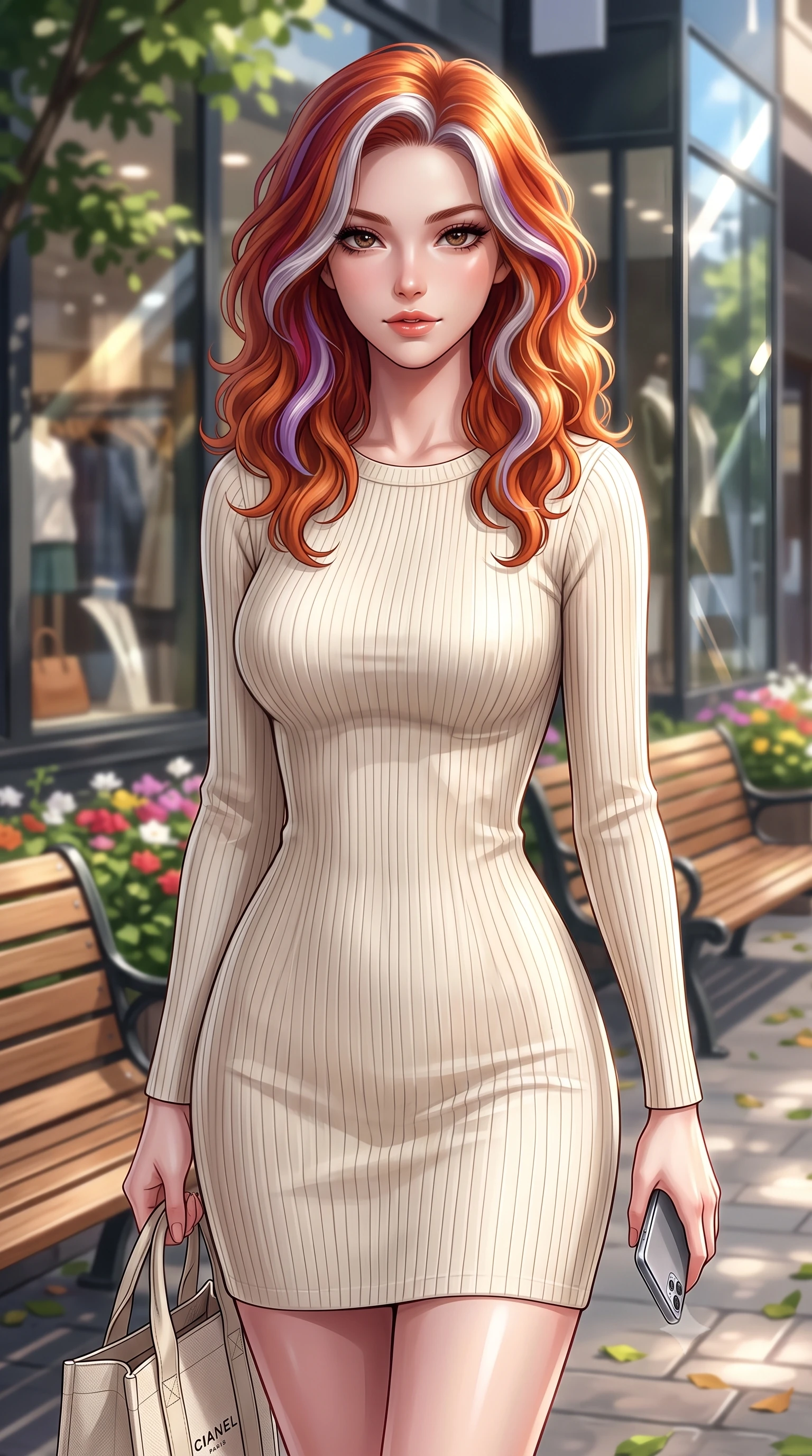 score_9, masterpiece, best quality, ultra-detailed, high-budget anime keyframe, editorial fashion photography, tasteful artistic composition, Caucasian woman. close-up cowboy shot from the waist and thighs up, the character dominates the composition, filling the frame with her large presence, background elements kept in soft focus. gazing at the camera with a smoldering, magnetic half-smile, softly parting her glossy lips set against a soft-focus background of on a leafy shopping avenue with wooden benches and flower beds carrying a chic canvas tote bag and a smart phone in her hand. She has an exceptionally elegant, slender, and willowy female figure with an ultra-slim waist, a gracefully sculpted slender torso, and a refined silhouette. sharp v-shaped jawline, high-bridge nose, intricate jewel-like eyes with depth, thick eyelashes, glossy lips with a natural sheen. wearing form-contouring form-fitting ribbed knit dress in cream, contouring her slender silhouette. bright afternoon sunbeams creating sharp reflections on the glass shop windows. ultra-reflective glossy finish, specular highlights, metallic sheen, high-contrast stereoscopic depth, volumetric dynamic lighting, 2k, ultra detail, master piece, 9:16 ratio