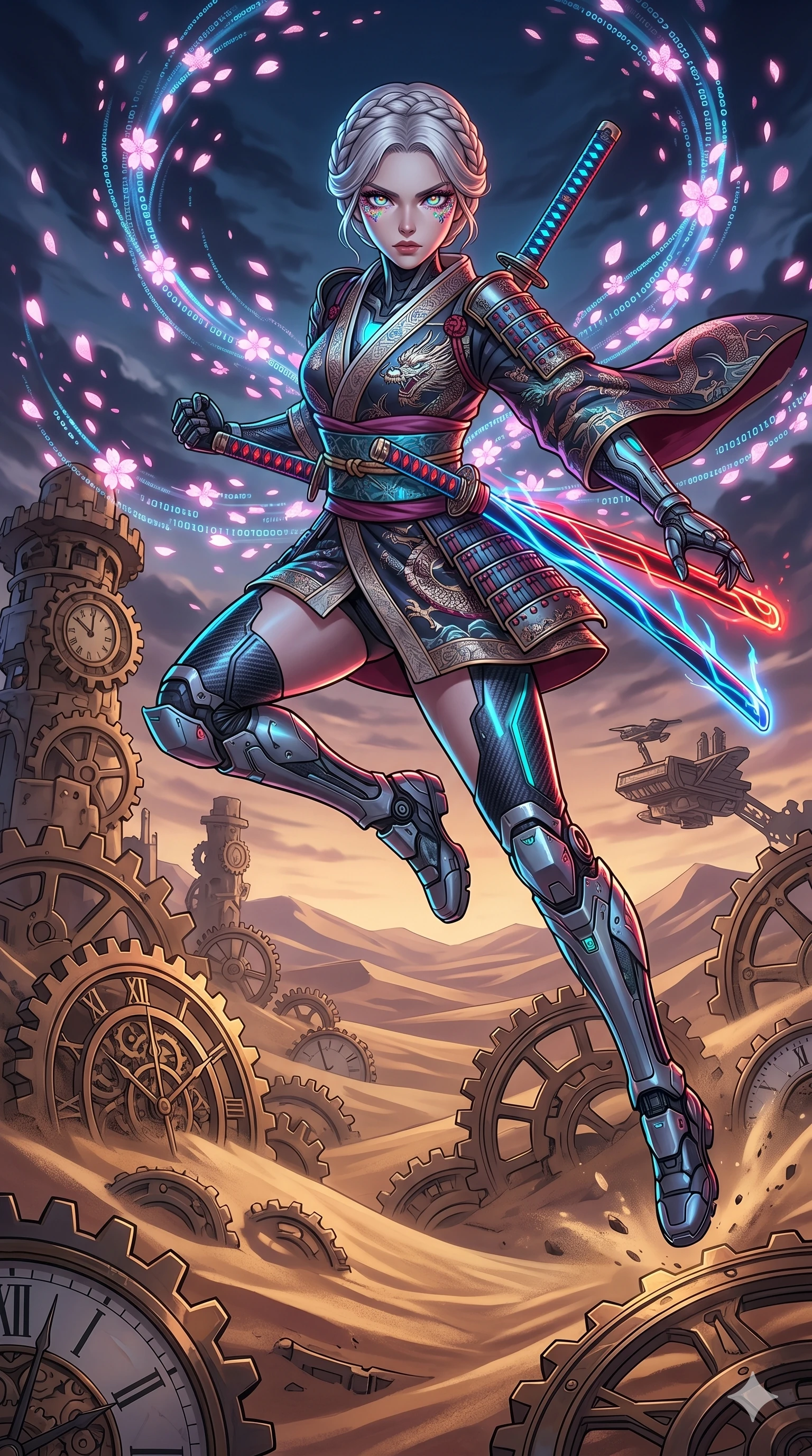 score_9, masterpiece, best quality, ultra-detailed, Set A: High-budget Anime Keyframe, Japanese woman. Low angle cowboy shot filling the entire 9:16 frame with her statuesque presence. Leaping through a clockwork desert, while her eyes glow with 40 different colors and surrounded by digital sakura petals. She has an absolutely perfect 8-heads proportion, an exceptionally tall and slender female figure with impossibly long slender legs and an ultra-slim waist. Sharp v-shaped jawline, high-bridge nose, intricate jewel-like eyes with depth, thick eyelashes, glossy lips with a natural sheen. Wearing Cyber-samurai gear with a short silk kimono and glowing neon katana sheath. Cinematic lighting, vibrant colors, dramatic shadows, 2k, ultra detail, master piece, 9:16 ratio