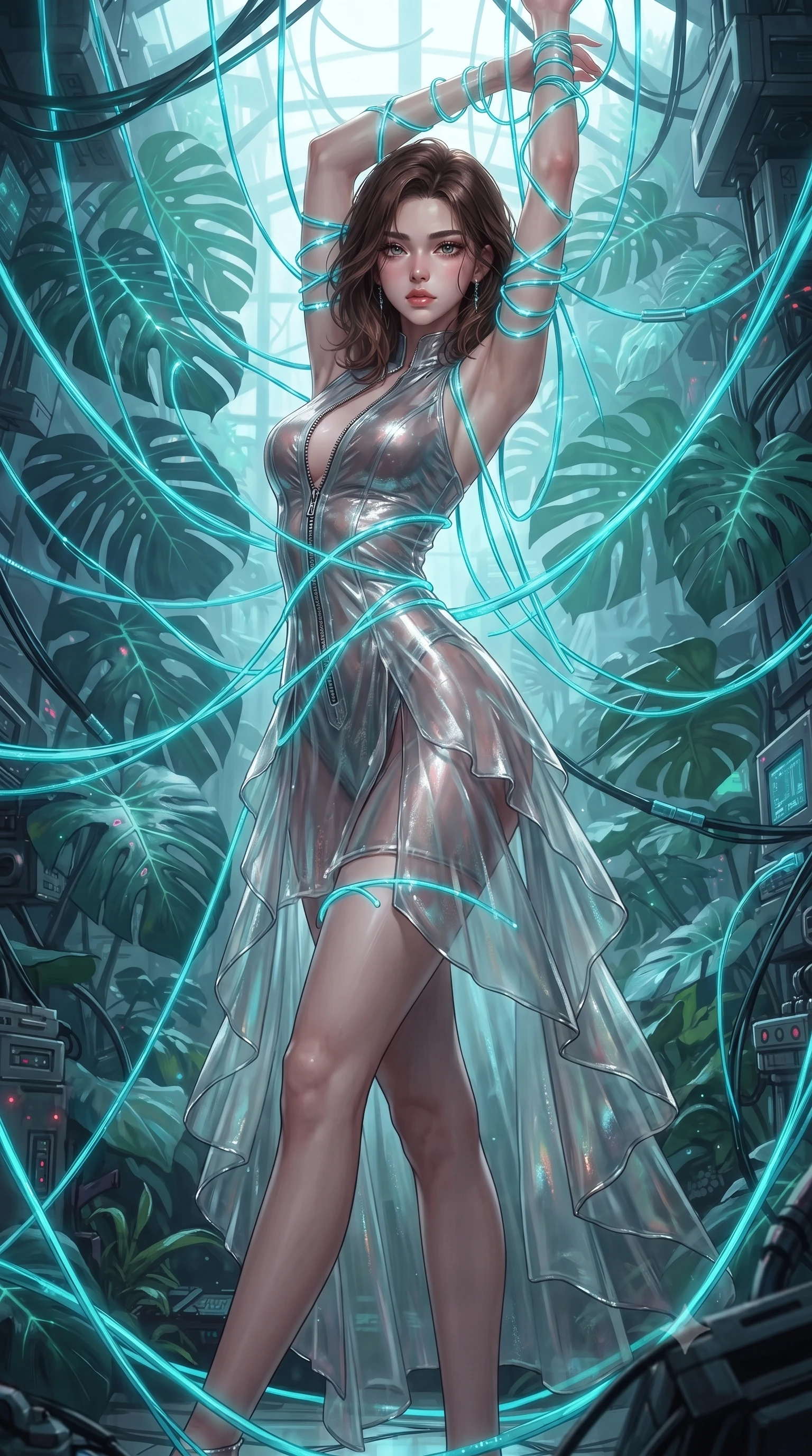 score_9, masterpiece, best quality, ultra-detailed, High-budget Anime Keyframe, editorial fashion photography, tasteful artistic composition, realistic cosplay photography, East Asian woman. Dynamic full-body shot stretching the vertical silhouette to the limit. Scenario 360: tangled in a web of glowing cyan fiber-optic cables inside a cybernetic greenhouse filled with giant glowing tropical leaves. Her presence is magnetic and overpowering in this high-budget cinematic scene. Outfit 360: a body-hugging shimmering chiffon dangerous with a unzipped detail and translucent layers. The clothing is designed to emphasize her exceptionally tall and slender 8-heads proportion. 8-heads proportion, towering silhouette, ultra-slim waist. sharp v-shaped jawline, intricate jewel-like eyes with depth, thick eyelashes, glossy lips. ultra-reflective glossy finish, specular highlights, metallic sheen, high-contrast stereoscopic depth, volumetric dynamic lighting, 2k, ultra detail, master piece, 9:16 ratio