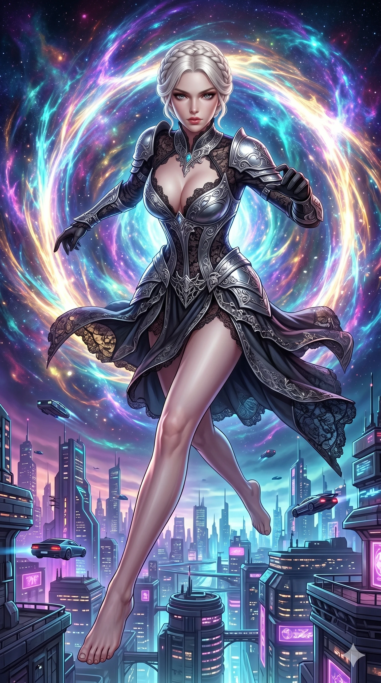 score_9, masterpiece, best quality, ultra-detailed, Set A: Photorealistic 8k CG, Japanese woman. Low angle cowboy shot filling the entire 9:16 frame with her statuesque presence. Leaping through a portal made of swirling light and color into a futuristic city. She has an absolutely perfect 8-heads proportion, an exceptionally tall and slender female figure with impossibly long slender legs and an ultra-slim waist. Sharp v-shaped jawline, high-bridge nose, intricate jewel-like eyes with depth, thick eyelashes, glossy lips. Wearing a Dark Fantasy outfit: gothic lace corset gown with silver armor and a plunging neckline. Background is a bright and colorful transition between a cosmic void and a neon-lit metropolis. 2k, ultra detail, master piece, 9:16 ratio