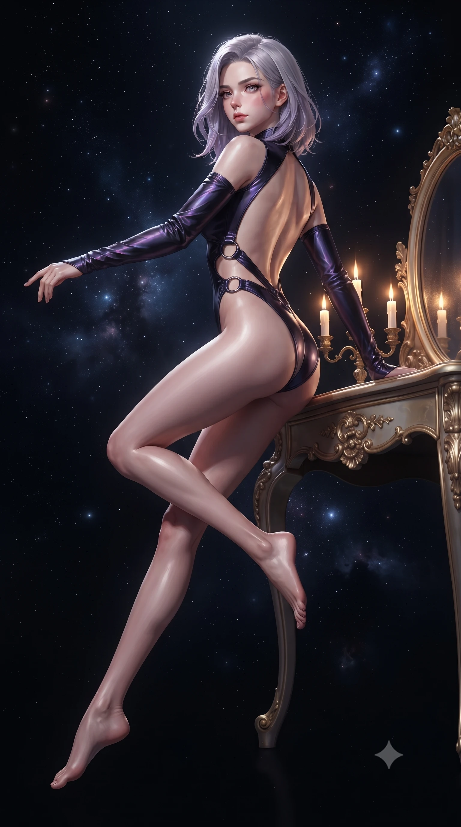 score_9, masterpiece, best quality, ultra-detailed, high-budget anime keyframe, editorial fashion photography, tasteful artistic composition, Caucasian woman. low angle full-body shot from head to toe showing her feet, filling the entire 9:16 vertical frame with her statuesque presence, stretching her vertical silhouette. leaping dynamically through the starry space, her posture full of power and elegance, leaning against an ornate gilded vanity table illuminated by flickering candles, dramatic open-back outfit revealing her graceful shoulder blades and spine. She has an absolutely perfect, statuesque 8.5-heads proportion, an exceptionally tall and slender model-like female figure with impossibly long slender legs and an ultra-slim waist. sharp v-shaped jawline, high-bridge nose, intricate jewel-like eyes with depth, thick eyelashes, glossy lips with a natural sheen. wearing asymmetric high-cut cyber-bodysuit with detached sleeves in onyx black in pitch-black onyx, made of iridescent dark violet taffeta, trimmed with dark chrome ring hardware along the waist contours, highlighting her statuesque proportions and ultra-slim waistline. lit by a single warm spotlight emerging from pitch-black background shadows. ultra-reflective glossy finish, specular highlights, metallic sheen, high-contrast stereoscopic depth, volumetric dynamic lighting, 2k, ultra detail, master piece, 9:16 ratio