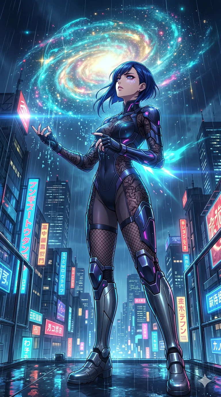 score_9, masterpiece, best quality, ultra-detailed, High-budget Anime Keyframe, vibrant colors, fluid line-art, expressive lighting, cinematic composition, Ufotable-style visual effects, top-tier animation quality, Japanese woman with delicate and elegant anime-inspired features. Dramatic low angle looking up at her majestic stature, dominating the vertical space of the composition. Scanning a massive 3D holographic map of the entire galaxy, her eyes reflecting the glow of thousands of stars. She has an absolutely perfect 8-heads proportion, an exceptionally tall and slender female figure with impossibly long slender legs and an ultra-slim waist, her statuesque height and towering silhouette dominating the vertical 9:16 frame. Her face is a masterpiece featuring a sharp v-shaped jawline, high-bridge nose, intricate jewel-like eyes with depth, thick eyelashes, and glossy lips with a natural sheen. She is wearing a Sheer lace catsuit with strategically placed armor plating and glowing energy nodes crafted from Sheer silk that is almost transparent, flowing like water around her statuesque frame, accompanied by sensual fishnet stockings and thigh-high metallic boots. The scene is set in a sprawling cyberpunk metropolis in heavy rain with vibrant neon glows reflecting on every surface, illuminated by intense energy flares from her powers illuminating the scene with brilliant light. 2k, ultra detail, master piece, 9:16 ratio