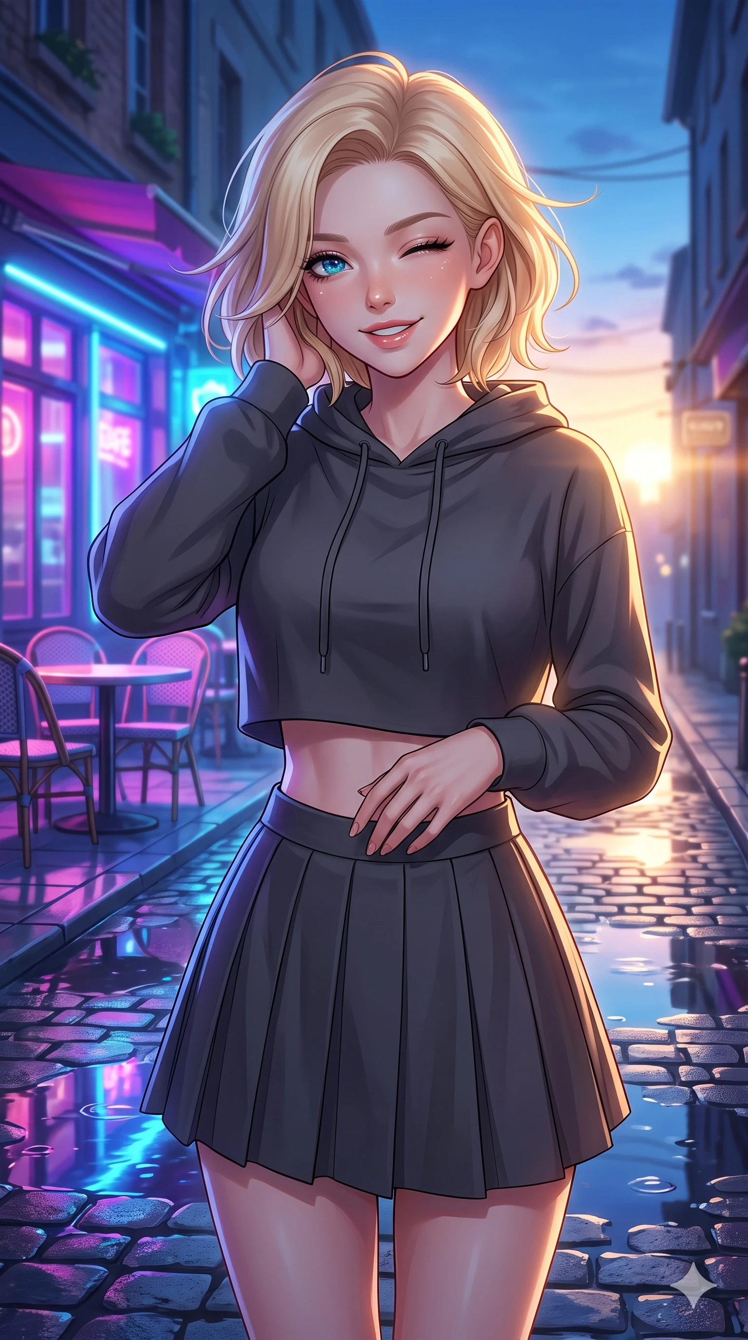 score_9, masterpiece, best quality, ultra-detailed, high-budget anime keyframe, vibrant anime aesthetic, Caucasian woman, strictly human ears. close-up cowboy shot from the waist and thighs up, the character dominates the composition, filling the frame with her large presence, background elements kept in soft focus. She is smiling delightfully while tucking a lock of hair behind her ear, gazing at the camera with sparkling eyes with a soft breath of wind in her hair. by a glowing neon-lit cafe terrace overlooking a reflective puddle-filled street during a twilight shower (Code-P22-066). She has an absolutely perfect proportion, an exceptionally elegant and slender female figure with an ultra-slim waist. V-shaped jawline, high-bridge nose, intricate jewel-like eyes with depth, thick eyelashes, glossy lips with a natural sheen. wearing a cropped hoodie paired with a high-waisted pleated tennis skirt in classic charcoal. She is bathed in soft, glowing golden hour sun casting long, elegant shadows, highlighting her winking face and glossy lips along the cobblestone alley. 2k, ultra detail, master piece, 9:16 ratio
