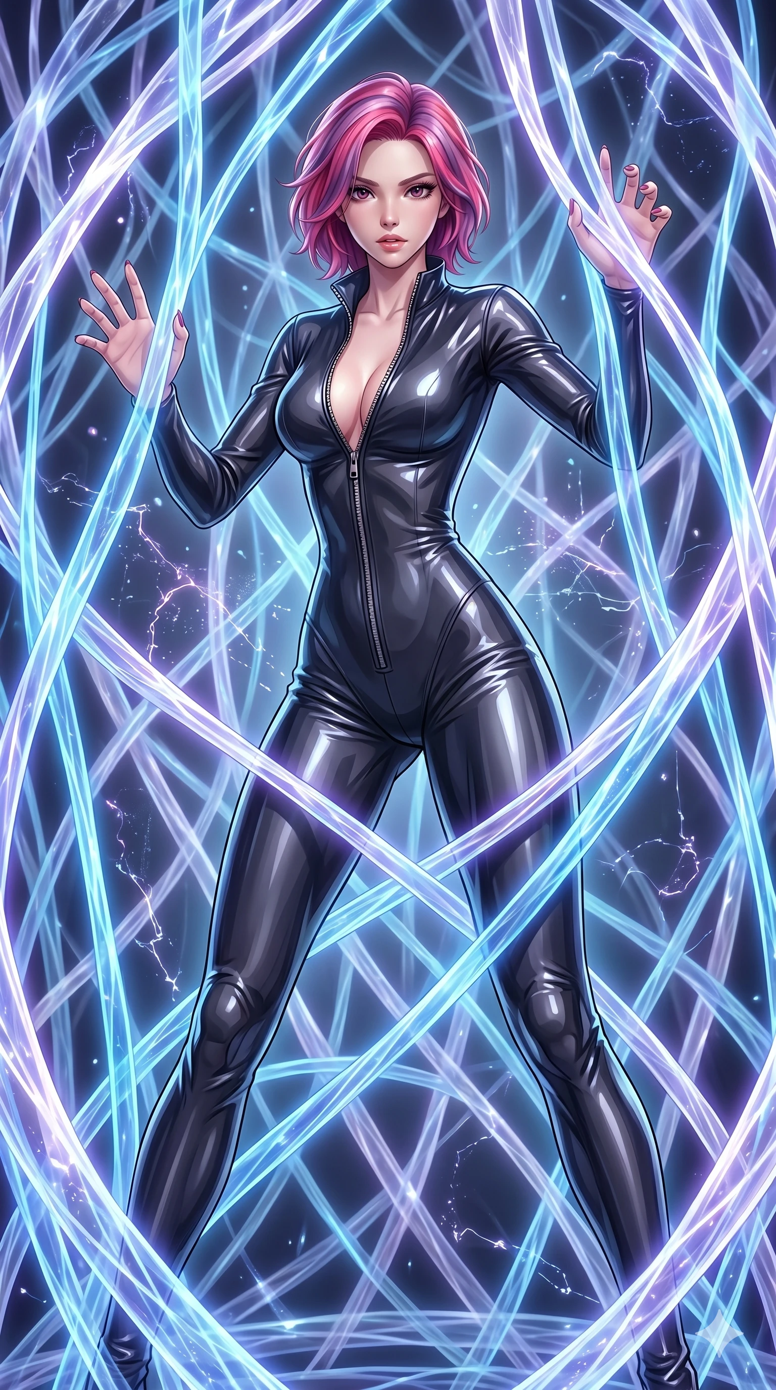 score_9, masterpiece, best quality, ultra-detailed, High-budget Anime Keyframe, East Asian woman. Dynamic full-body shot stretching the vertical silhouette to the limit. Scenario 62: Trapped in a cage of glowing crystalline fibers, body pressing against the bars. Her presence is magnetic and overpowering in this high-budget anime scene. Outfit 62: A patent leather second with a unzipped detail and tight-fitting silhouette. The clothing is designed to emphasize her exceptionally tall and slender 8-heads proportion. 8-heads proportion, towering silhouette, ultra-slim waist. sharp v-shaped jawline, intricate jewel-like eyes with depth, thick eyelashes, glossy lips. 2k, ultra detail, master piece, 9:16 ratio