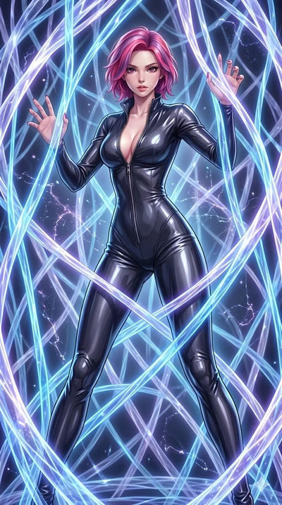 score_9, masterpiece, best quality, ultra-detailed, High-budget Anime Keyframe, East Asian woman. Dynamic full-body shot stretching the vertical silhouette to the limit. Scenario 62: Trapped in a cage of glowing crystalline fibers, body pressing agai