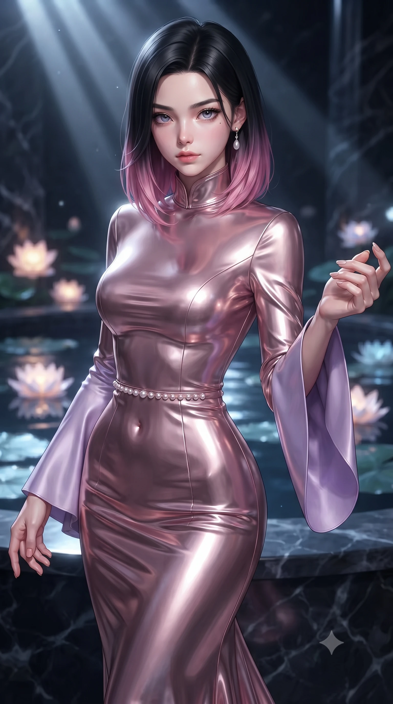 score_9, masterpiece, best quality, ultra-detailed, high-budget anime keyframe, editorial fashion photography, tasteful artistic composition, Korean woman. close-up cowboy shot from the waist and thighs up, the character dominates the composition, filling the frame with her large presence, background elements kept in soft focus. Reaching one hand toward the viewer with relaxed elegance, poised beside a tranquil lily pond reflecting cold silver moonlight and glowing flowers, cold silver moonbeams casting sharp dramatic shadows across dark marble. She has an exceptionally elegant, slender, and willowy female figure with an ultra-slim waist, a gracefully sculpted slender torso, and a refined silhouette. sharp v-shaped jawline, high-bridge nose, intricate jewel-like eyes with depth, thick eyelashes, glossy lips with a natural sheen. wearing gothic high-collar rose-gold silk evening gown with long bell sleeves in pastel lavender violet, made of liquid mercury jersey, adorned with minimalist pearl hardware framing the waistline, accentuating her gracefully sculpted slender torso. surrounded by a mysterious nocturnal aura with glowing flower light. ultra-reflective glossy finish, specular highlights, metallic sheen, high-contrast stereoscopic depth, volumetric dynamic lighting, 2k, ultra detail, master piece, 9:16 ratio