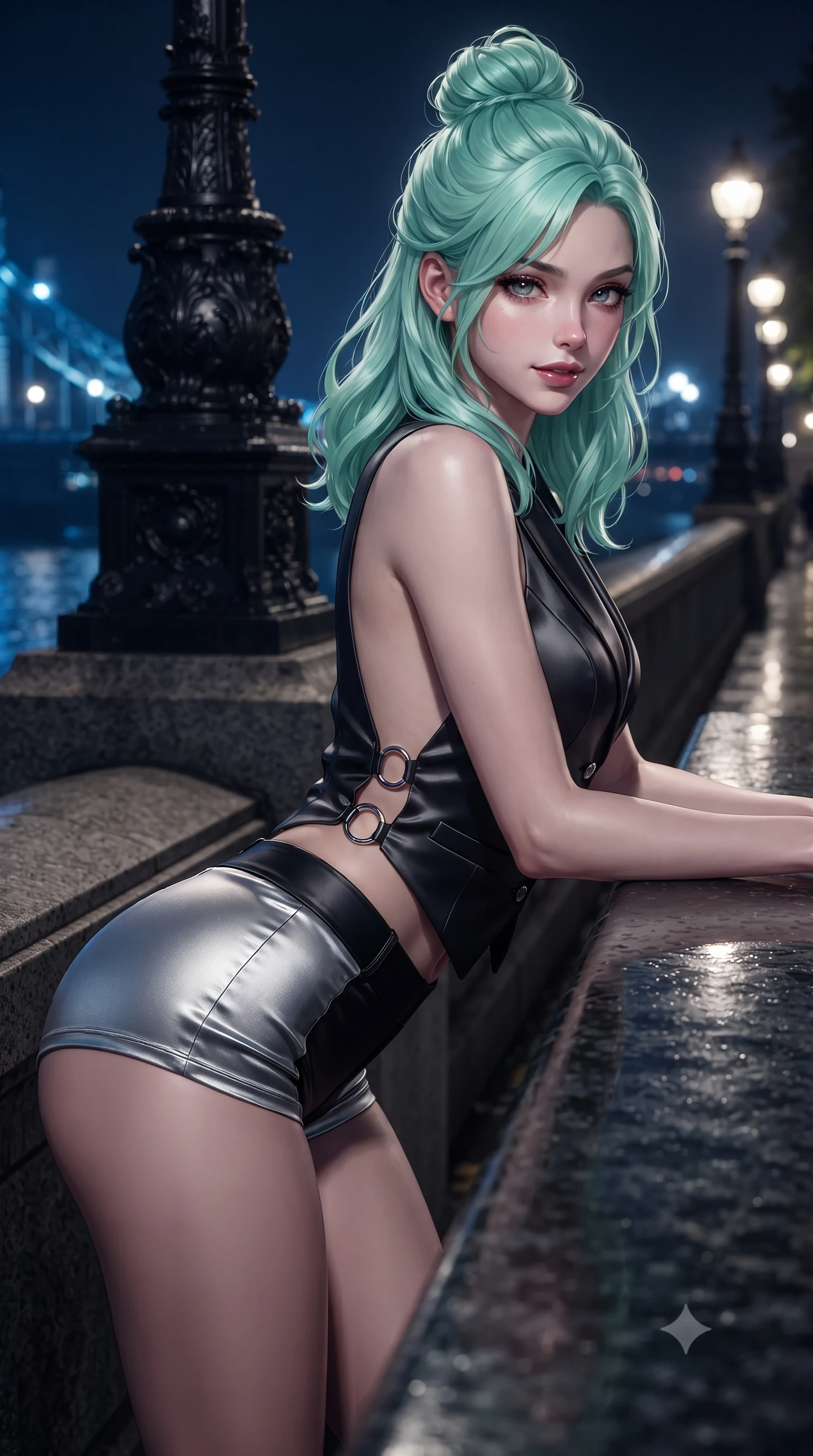 score_9, masterpiece, best quality, ultra-detailed, high-budget anime keyframe, editorial fashion photography, tasteful artistic composition, Japanese woman. close-up cowboy shot from the waist and thighs up, the character dominates the composition, filling the frame with her large presence. leaning forward over the counter while arching her lower back to accentuate her curvy hips, looking into the lens with a dangerous smoldering half-smile and bedroom-eyes while posing beside the dark river waters with arms relaxed, casting a slow, direct gaze beneath heavy lashes with quiet, dangerous intensity. The surrounding environment is rendered in vivid detail and crisp panoramic clarity. sharp river wall stone texture, cast-iron lantern scrollwork, and damp pavement sheen in deep focus. She has an exceptionally elegant, slender, and willowy female figure with an ultra-slim waist, flat toned midriff, narrow ribcage, and sculpted feminine hips creating an alluring, slim hourglass silhouette without bulk. sharp v-shaped jawline, high-bridge nose, intricate jewel-like dark sparkling eyes with dangerous depth, thick curled eyelashes, glossy parted lips with a rich wine sheen, smoldering seductive half-smile with bedroom-eyes, exuding effortless superiority and intoxicating dark allure, flawlessly proportioned anatomical accuracy, strict slender model proportions, natural body alignment, perfectly sculpted long slender limbs, ultra-slim waistline, clean dynamic posture without body distortion. wearing a tailored satin tuxedo vest worn closed against bare skin with high-cut tailored satin hot-pants in metallic liquid silver and pitch black, made of liquid-tight stretch jersey emphasizing every curve of her body, accented with sculptural chrome hardware rings framing the subtle cutouts, the precision-cut side openings and low-back scoop framing her graceful spine and the sensual sweep of her slim, toned hips. bathed in cool ethereal cobalt bridge floodlights and warm golden promenade streetlights. ultra-reflective glossy finish, specular highlights, rich textural contrasts, high-contrast stereoscopic depth, volumetric dynamic lighting, 2k, ultra detail, master piece, 9:16 ratio