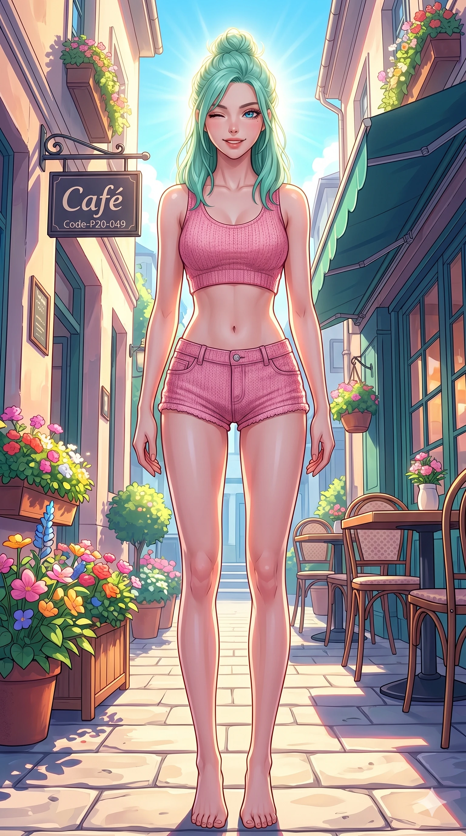 score_9, masterpiece, best quality, ultra-detailed, high-budget anime keyframe, vibrant anime aesthetic, Japanese woman. low angle full-body shot from head to toe showing her feet, filling the entire 9:16 vertical frame with her statuesque presence, stretching her vertical silhouette. She is standing in the sun, winking and smiling delightfully at the camera by a vibrant street cafe terrace with colorful flowers (Code-P20-049). She has an absolutely perfect 8-heads proportion, an exceptionally tall and slender female figure with impossibly long slender legs and an ultra-slim waist. V-shaped jawline, high-bridge nose, intricate jewel-like eyes with depth, thick eyelashes, glossy lips with a natural sheen. wearing a crop top showing her bare midriff and denim micro-shorts in pink knit. She is drenched in brilliant midday sunbeams, casting a radiant halo around her hair. 2k, ultra detail, master piece, 9:16 ratio