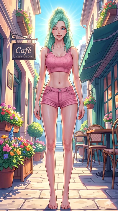 score_9, masterpiece, best quality, ultra-detailed, high-budget anime keyframe, vibrant anime aesthetic, Japanese woman. low angle full-body shot from head to toe showing her feet, filling the entire 9:16 vertical frame with her statuesque presence, 