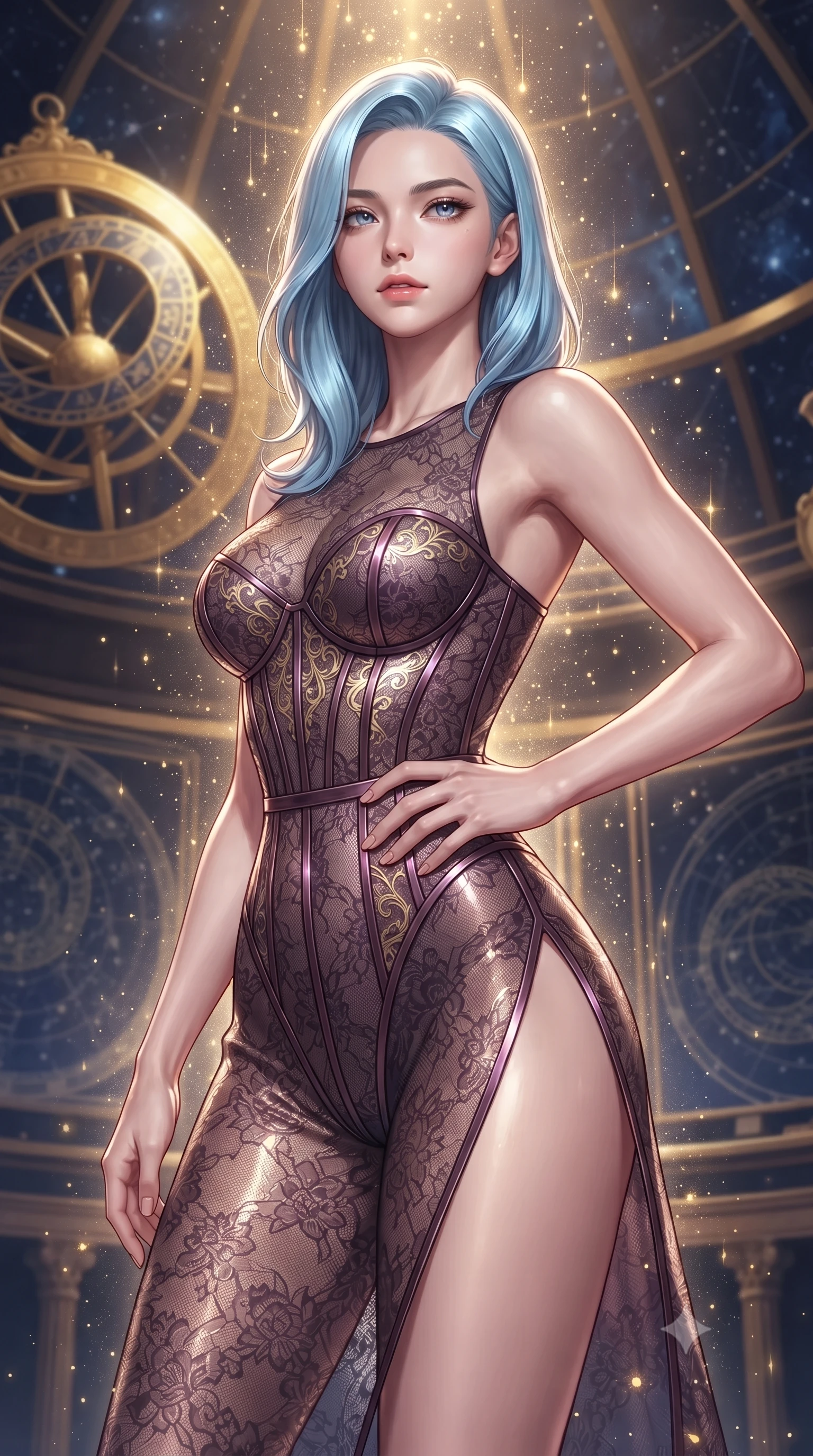 score_9, masterpiece, best quality, ultra-detailed, high-budget anime keyframe, editorial fashion photography, tasteful artistic composition, Korean woman. close-up cowboy shot from the waist and thighs up, the character dominates the composition, filling the frame with her large presence, background elements kept in soft focus. Gazing past the camera with an air of effortless elegance and mysterious confidence inside a floating cosmic observatory with golden astrolabe rings, starlight particles falling like a golden shower around her. She has an exceptionally elegant, slender, and willowy female figure with an ultra-slim waist, a gracefully sculpted slender torso, and a refined silhouette. sharp v-shaped jawline, high-bridge nose, intricate jewel-like eyes with depth, thick eyelashes, glossy lips with a natural sheen. wearing a sheer dark lace pattern bodysuit with structured corsetry boning in plum purple and gold filigree, formed from sleek second-skin neoprene, finished with a sleek side slit ascending to mid-thigh, the glove-like fit emphasizing her statuesque silhouette. surrounded by a glowing aura of starlight and shimmering celestial rays. ultra-reflective glossy finish, specular highlights, metallic sheen, high-contrast stereoscopic depth, volumetric dynamic lighting, 2k, ultra detail, master piece, 9:16 ratio